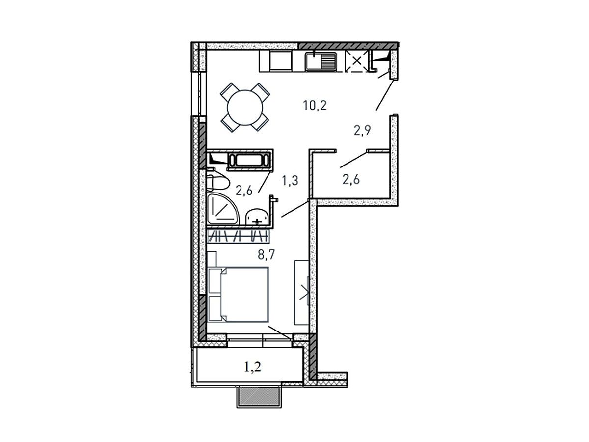 Планировка: 1-комн. квартира 29.50 м² в новостройке Квартал Светлый