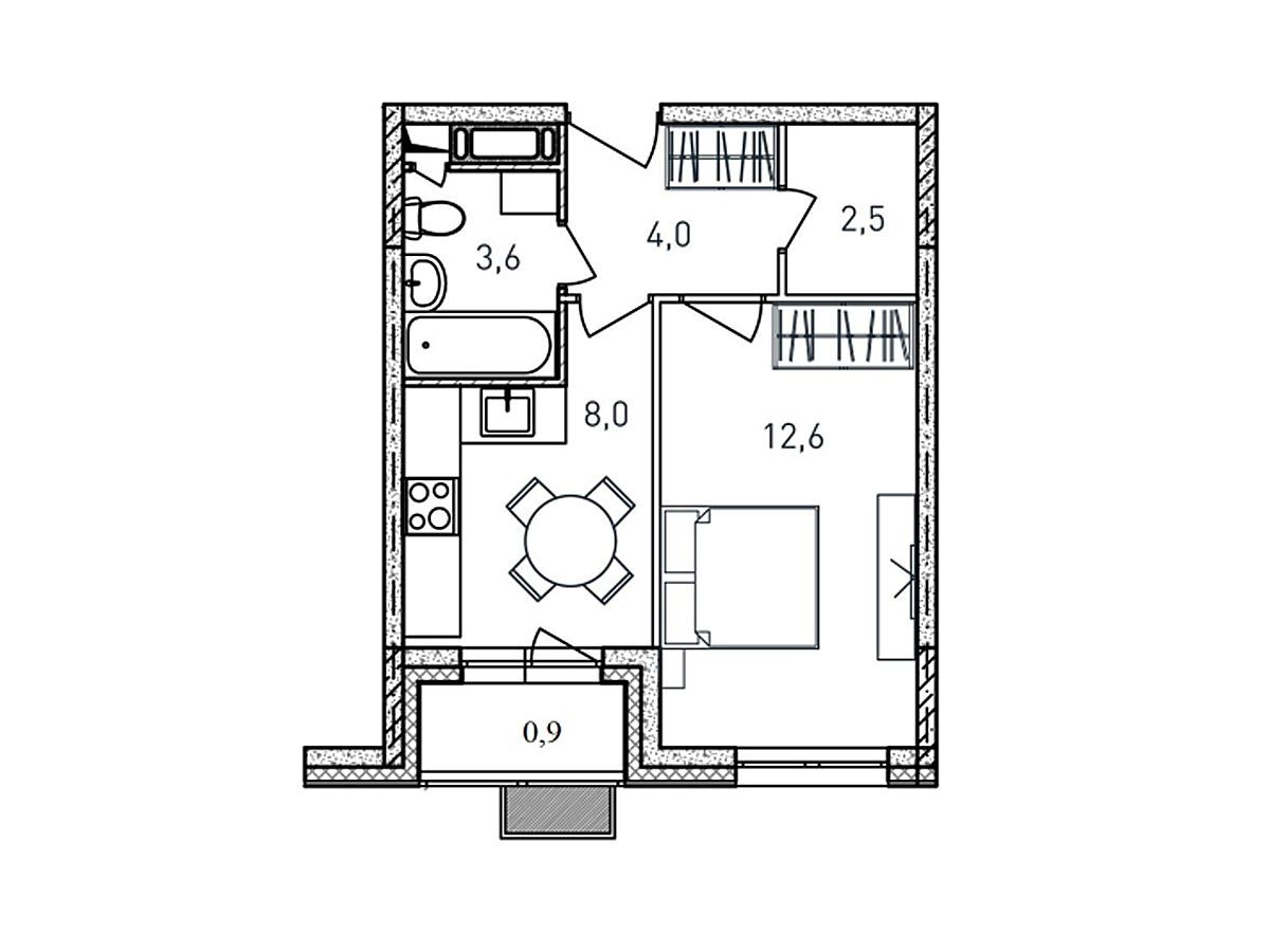 Планировка: 1-комн. квартира 31.60 м² в новостройке Квартал Светлый