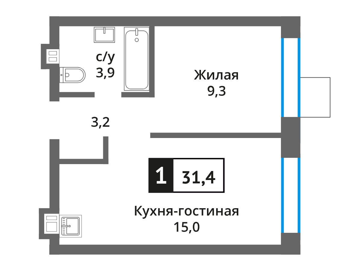 Планировка: 1-комн. квартира 31.40 м² в новостройке Никольский квартал Отрада