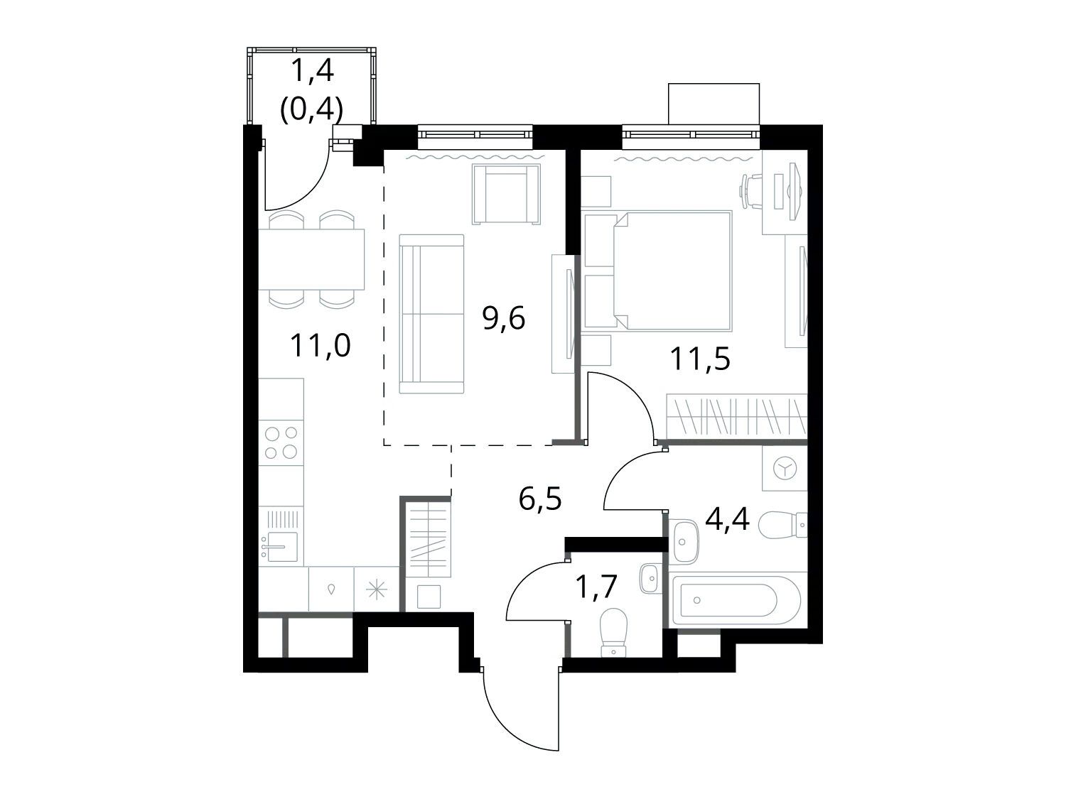 Планировка: 2-комн. квартира 45.10 м² в новостройке ЖК 1-й Химкинский (Первый Химкинский)