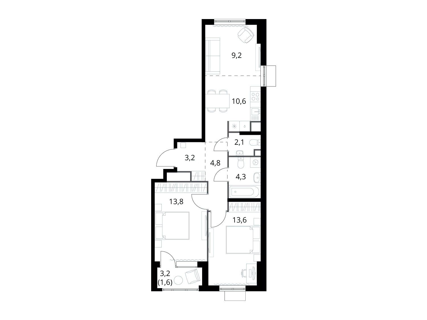 Планировка: 2-комн. квартира 63.20 м² в новостройке ЖК 1-й Химкинский (Первый Химкинский)