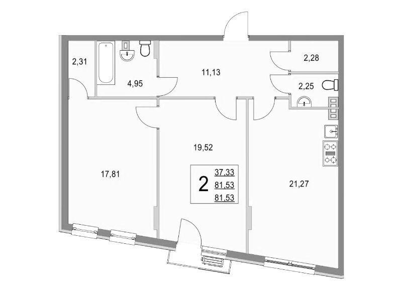 Планировка: 3-комн. квартира 81.50 м² в новостройке Эльйон