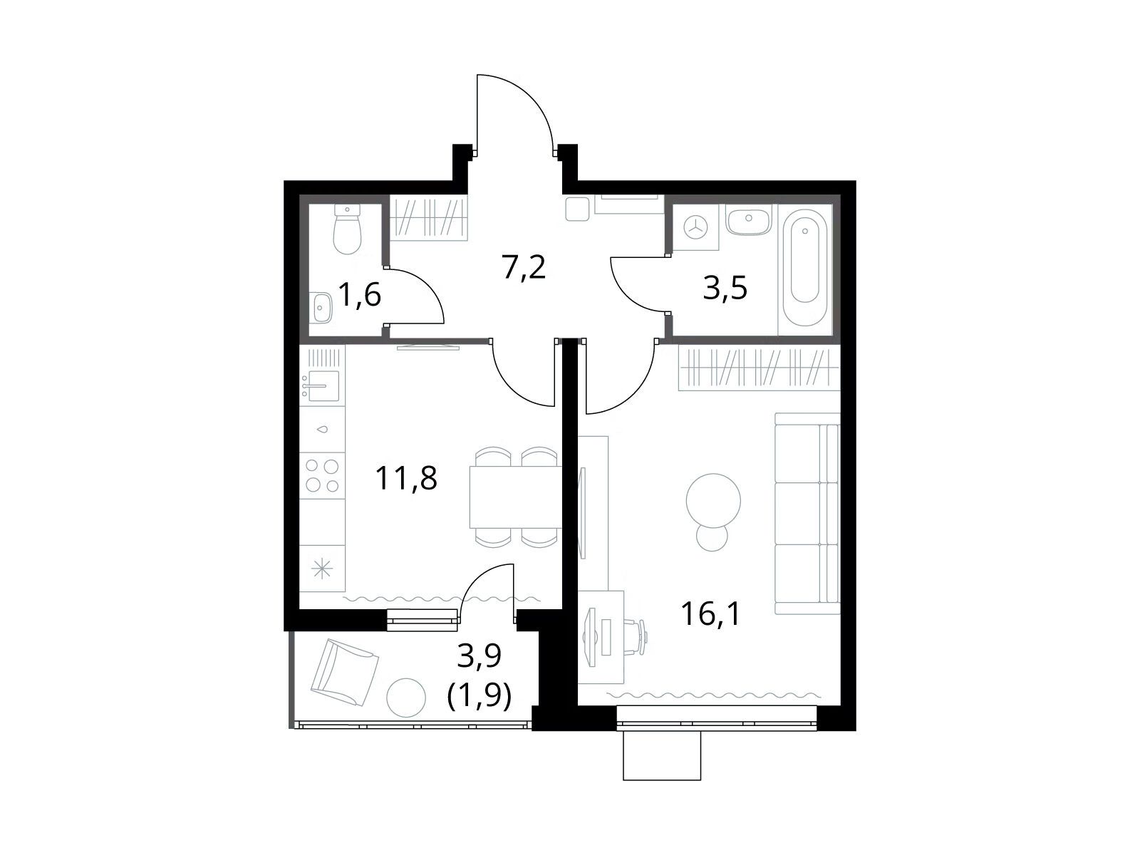 Планировка: 1-комн. квартира 42.10 м² в новостройке 1-й Южный