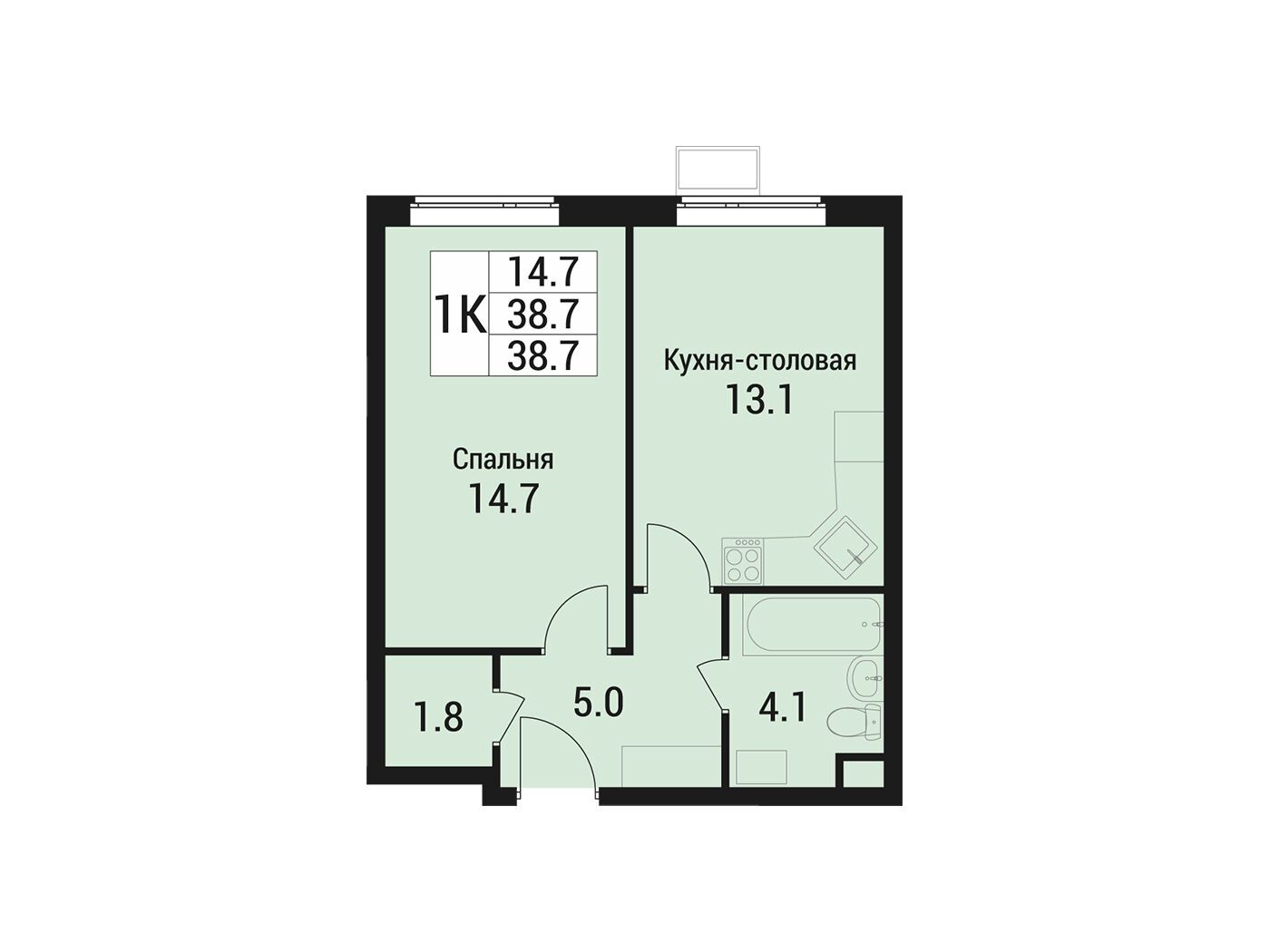 Планировка: 1-комн. квартира 38.60 м² в новостройке Дом в Малаховке