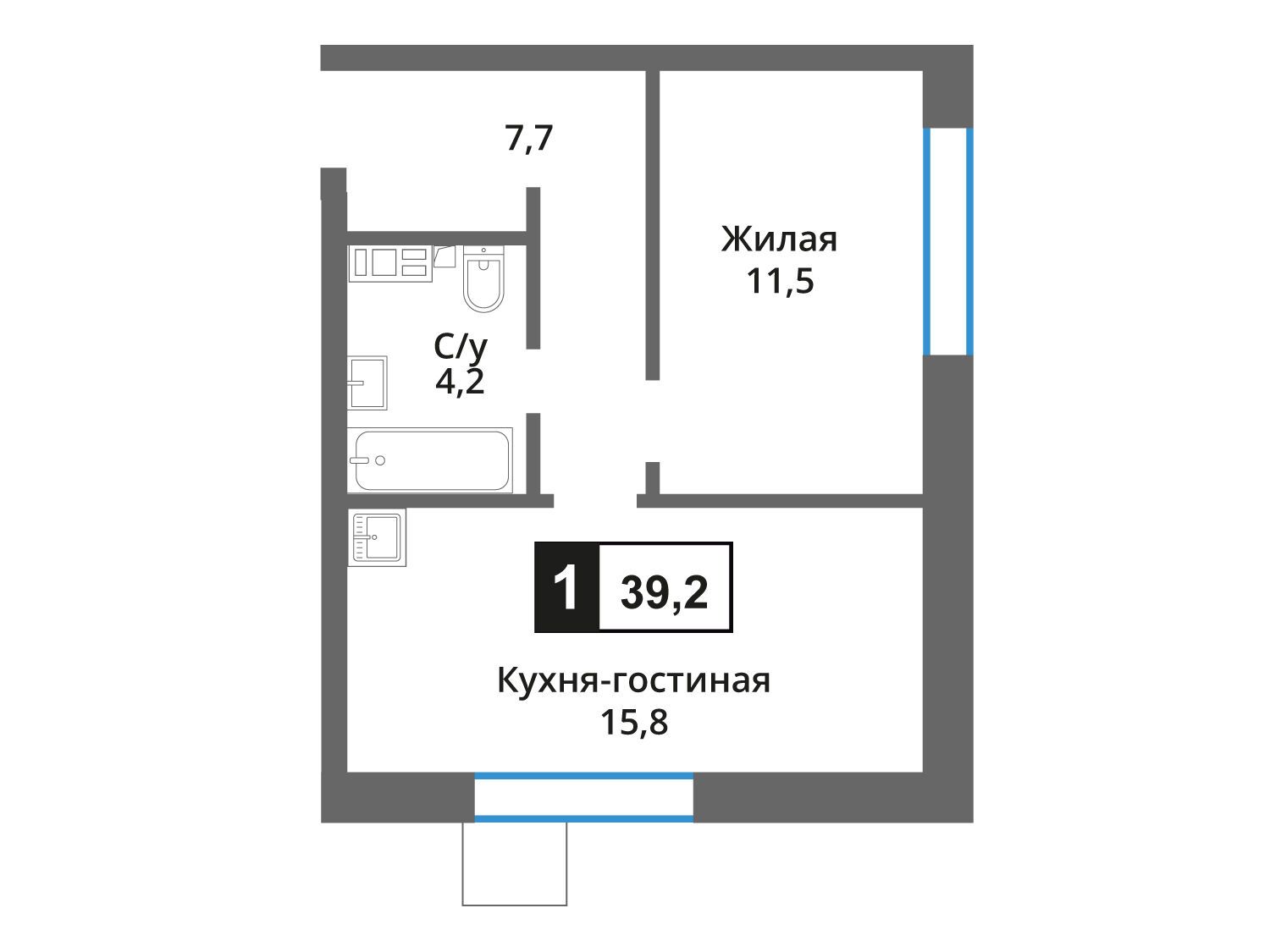 Планировка: 1-комн. квартира 39.20 м² в новостройке Лесная Отрада