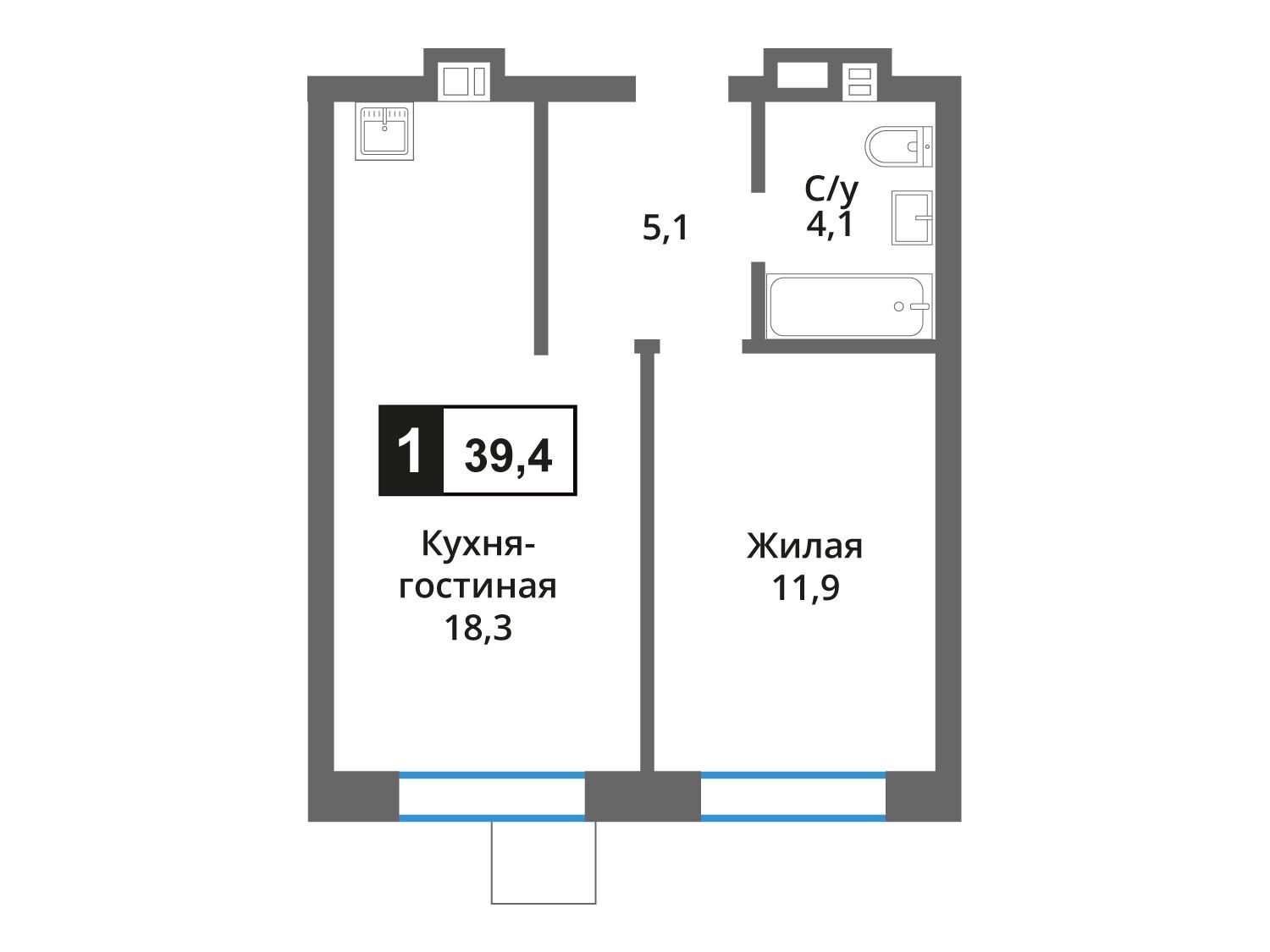 Планировка: 1-комн. квартира 39.40 м² в новостройке Лесная Отрада