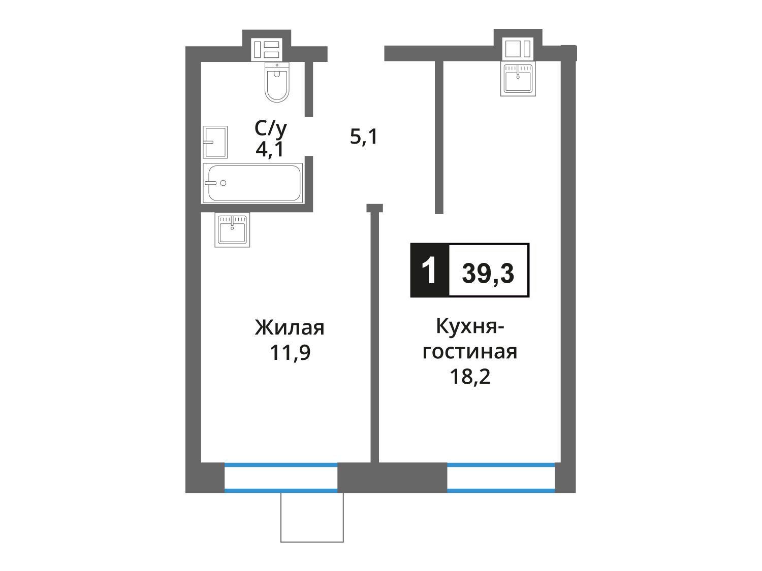 Планировка: 1-комн. квартира 39.30 м² в новостройке Лесная Отрада