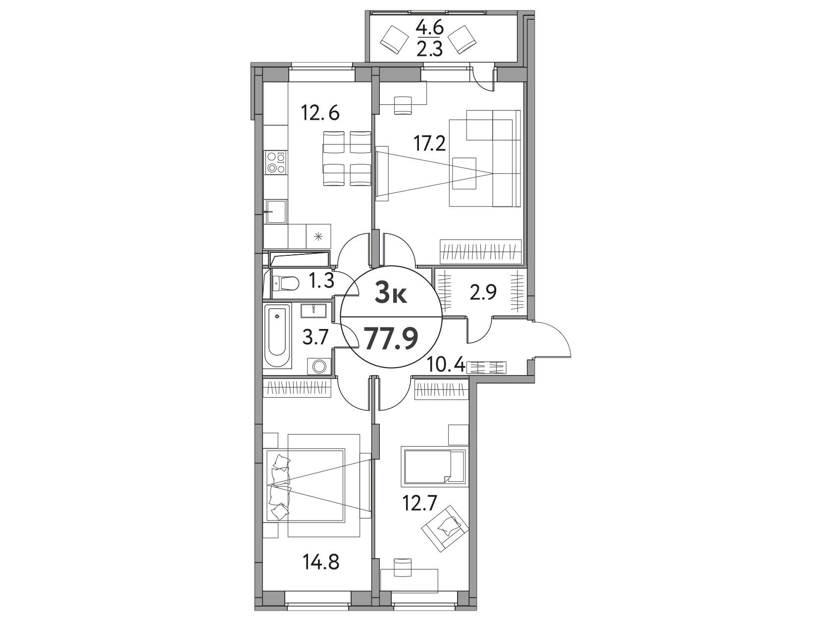 Планировка: 3-комн. квартира 77.90 м² в новостройке Солнечная Долина