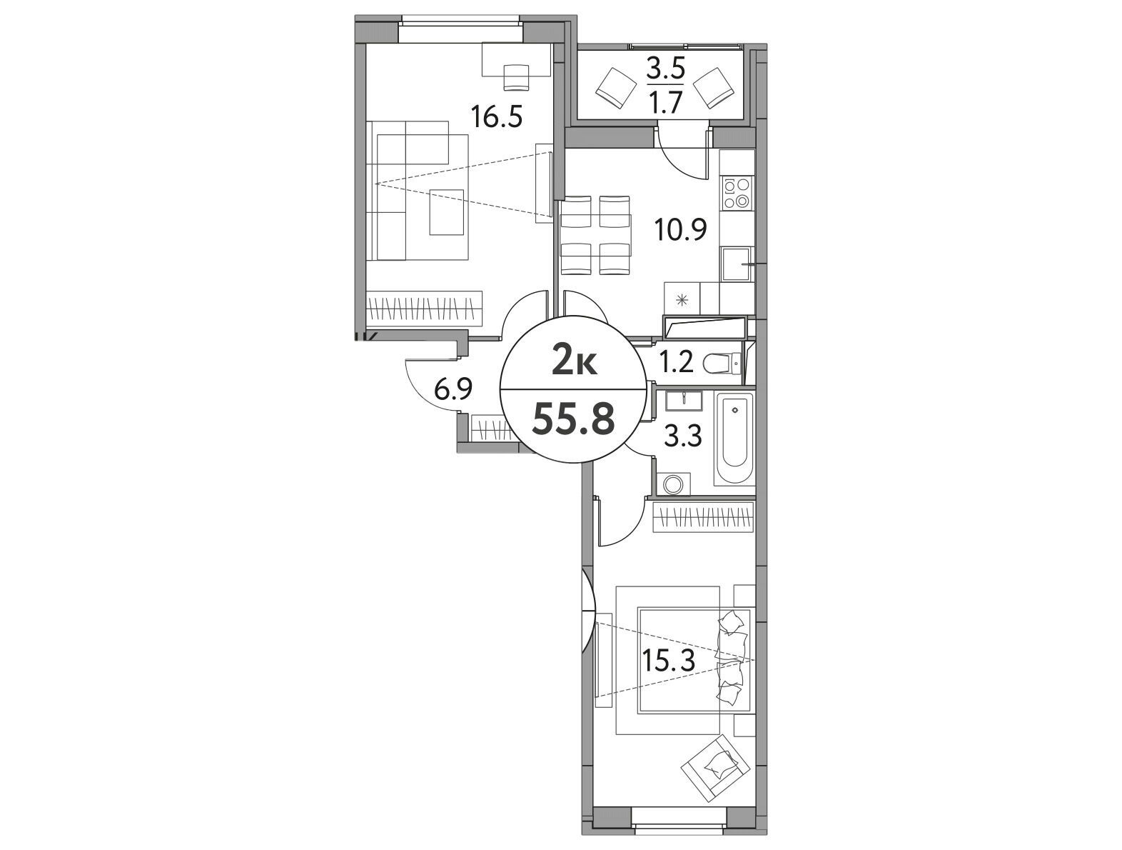 Планировка: 2-комн. квартира 55.80 м² в новостройке Солнечная Долина