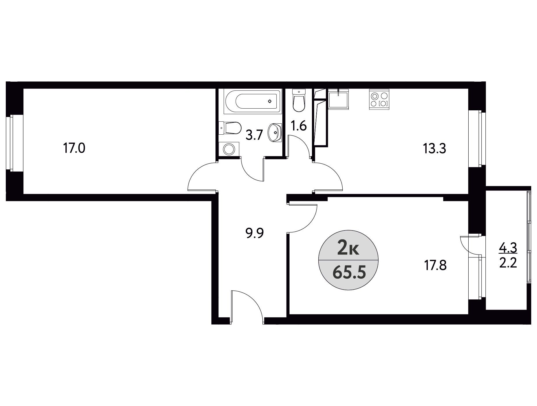 Планировка: 2-комн. квартира 65.50 м² в новостройке Солнечная Долина