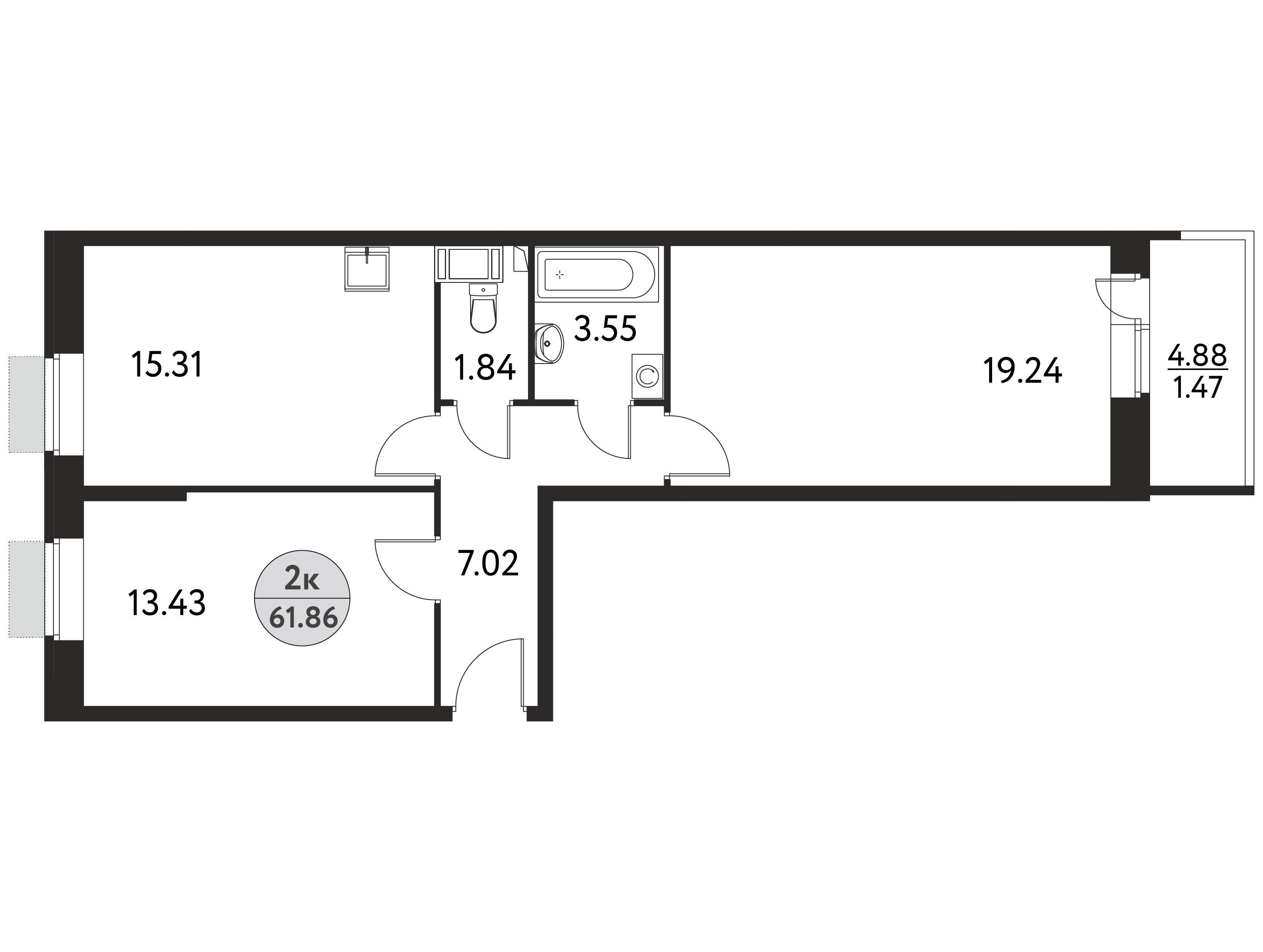 Планировка: 2-комн. квартира 61.86 м² в новостройке Дом на Сиреневой