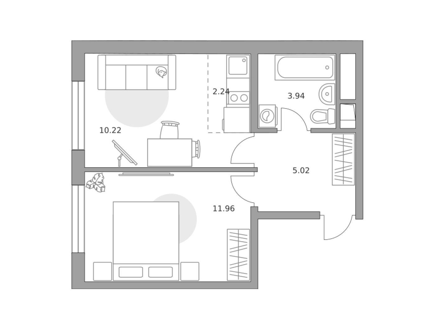 Планировка: 2-комн. квартира 33.38 м² в новостройке Аникеевский
