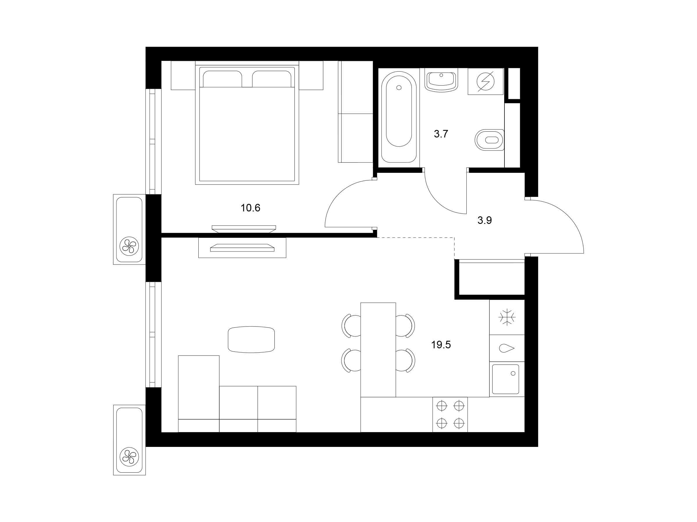 Планировка: 1-комн. квартира 37.70 м² в новостройке ЖК Восточное Бутово