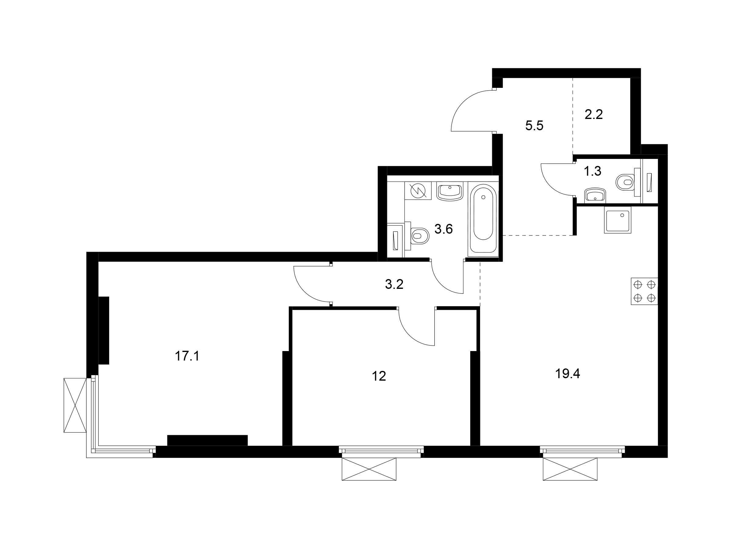 Планировка: 2-комн. квартира 64.30 м² в новостройке Второй Нагатинский
