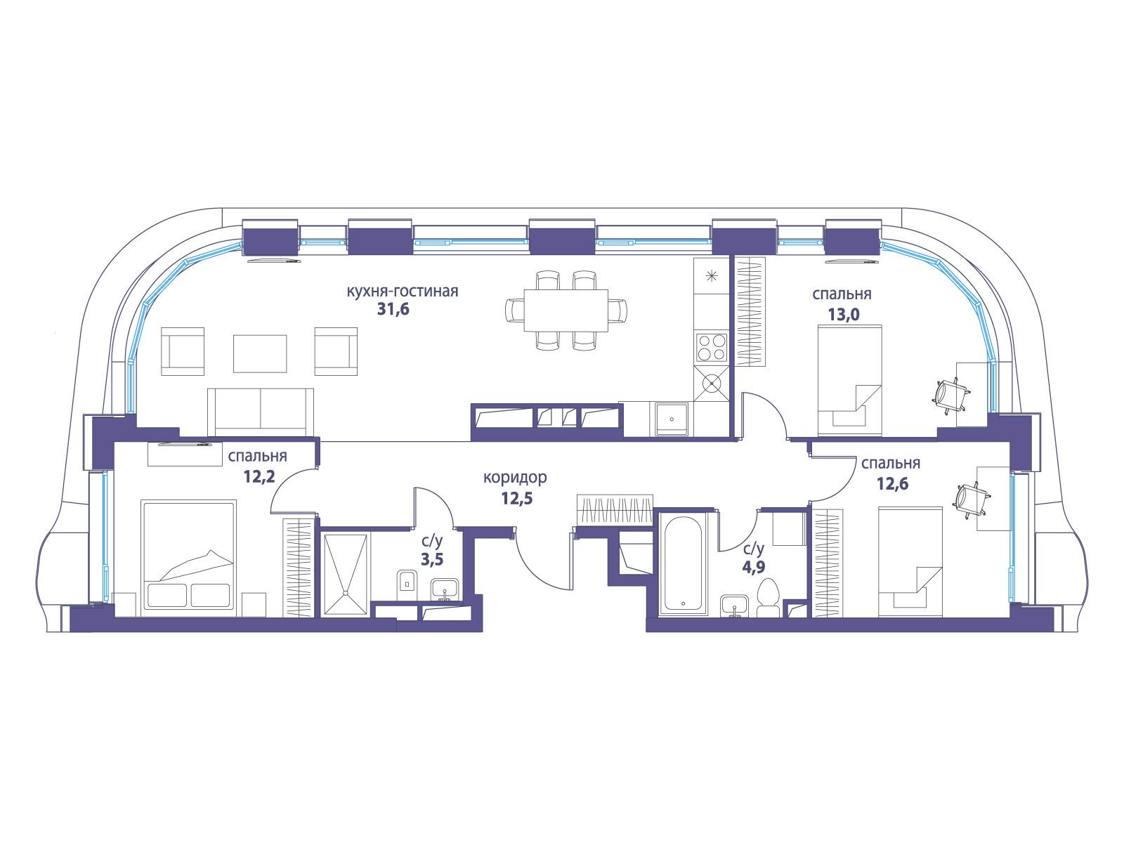 Планировка: 3-комн. квартира 90.30 м² в новостройке Символ