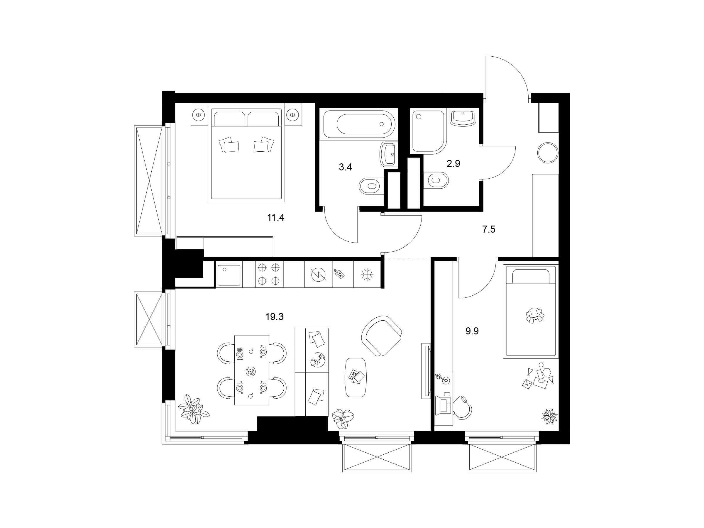 Планировка: 2-комн. квартира 54.40 м² в новостройке 2-й Иртышский