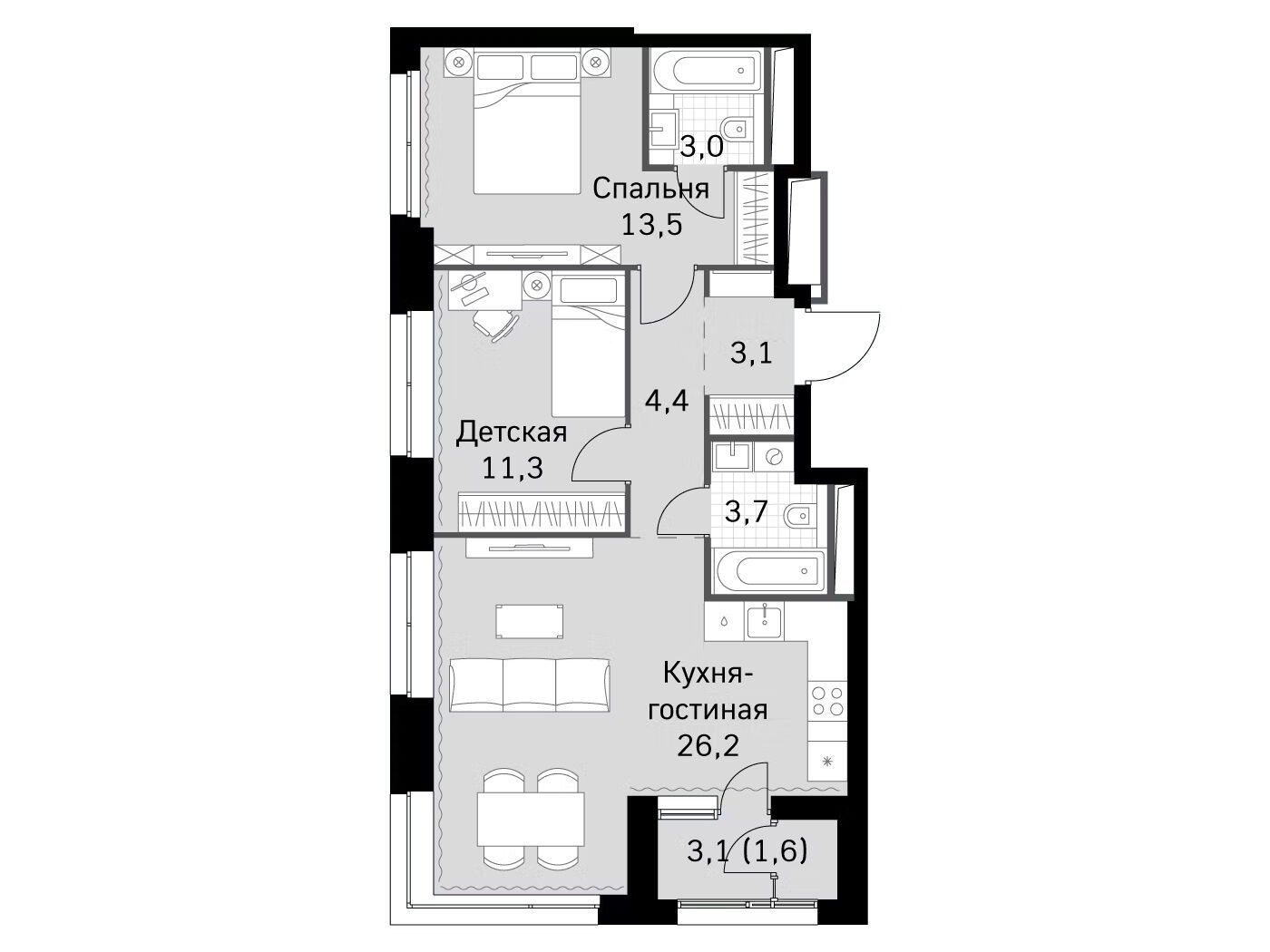 Планировка: 3-комн. квартира 66.80 м² в новостройке ЖК Скай Гарден