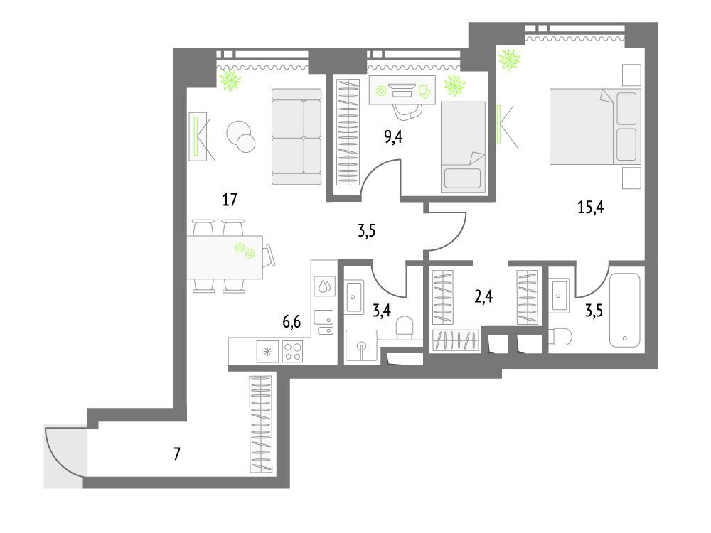 Планировка: 2-комн. квартира 68.20 м² в новостройке Апсайд Тауерс