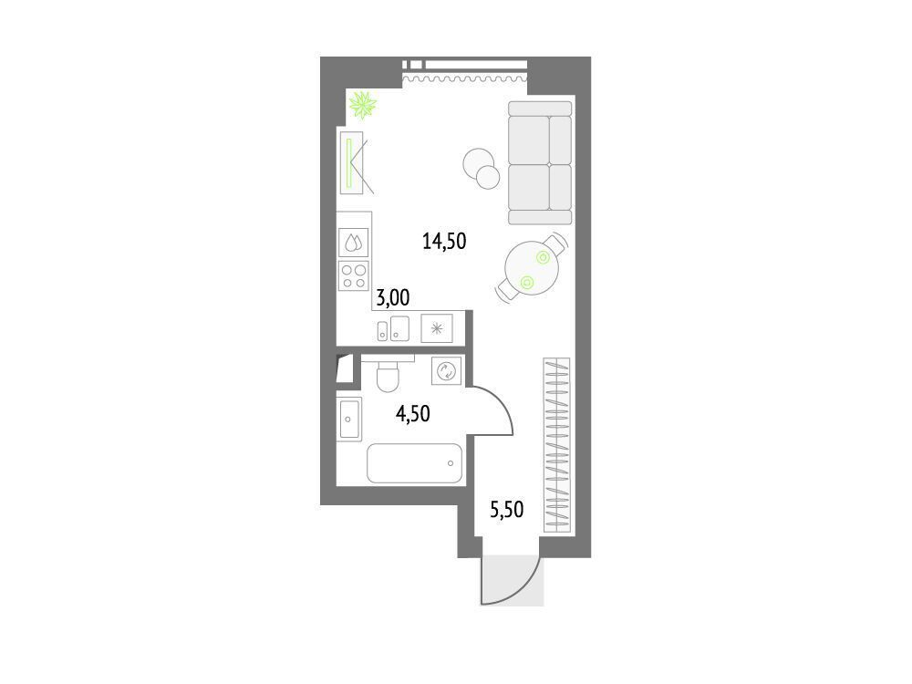 Планировка: Студия 28.10 м² в новостройке Апсайд Тауерс