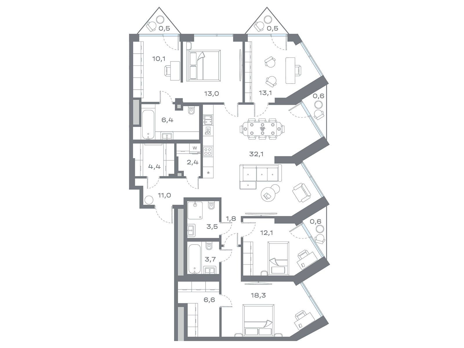 Планировка: 4-комн. квартира 140.48 м² в новостройке Дом Горизонтов