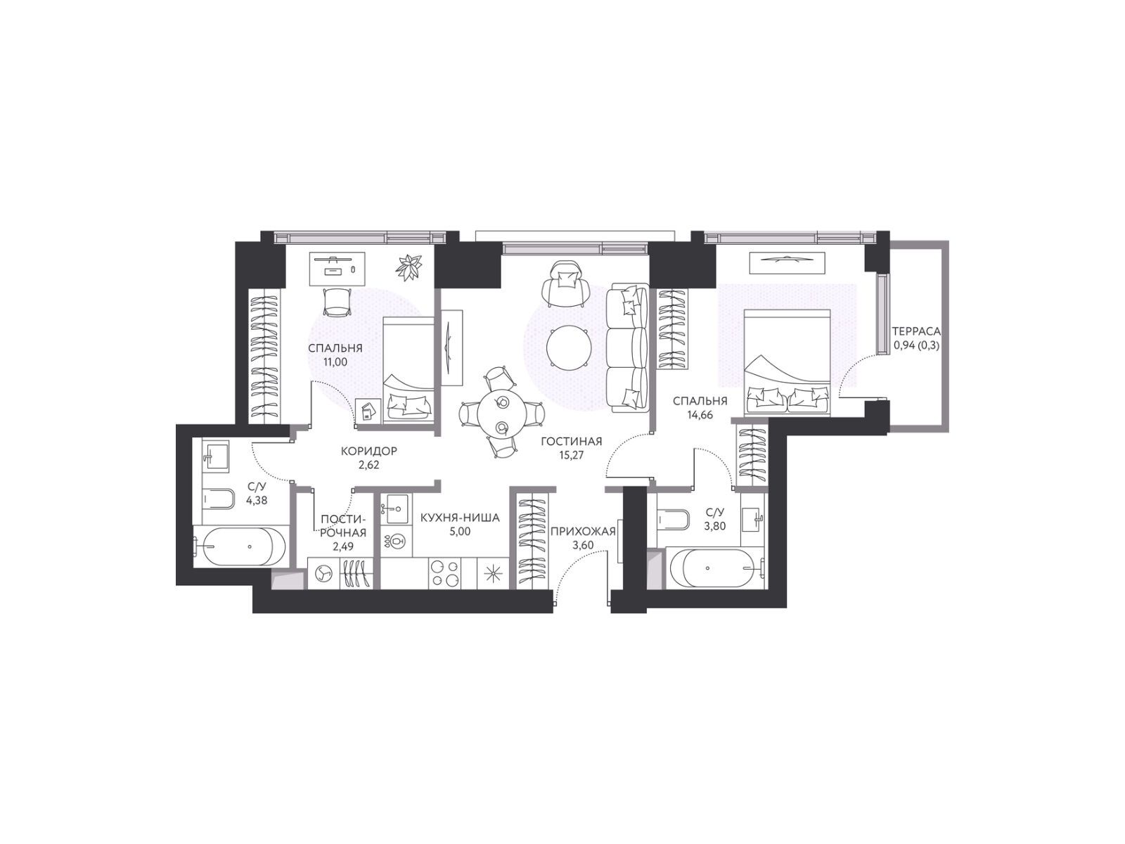 Планировка: 2-комн. квартира 64.50 м² в новостройке Хайд