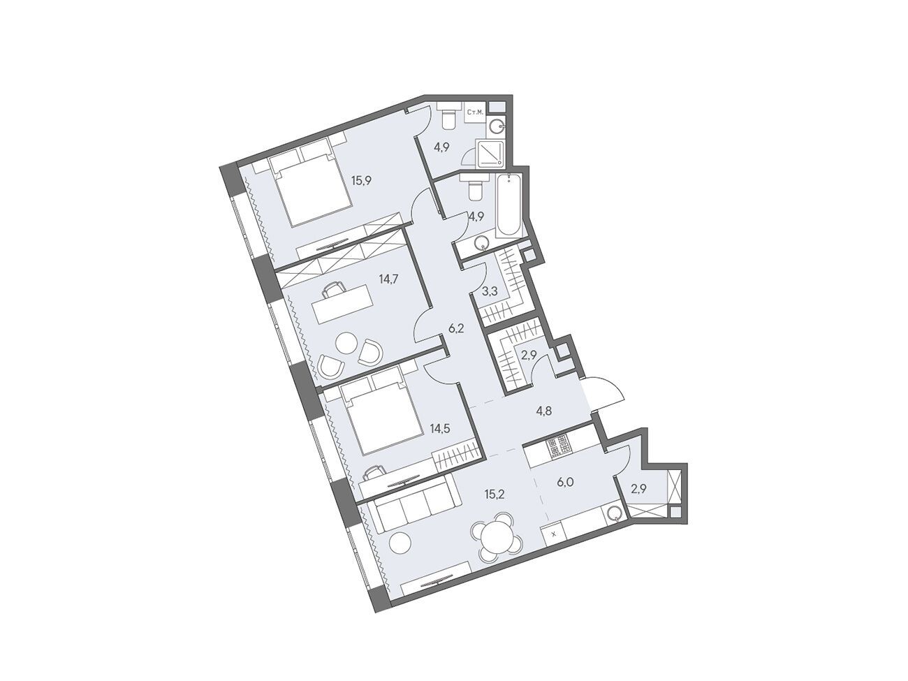 Планировка: 4-комн. квартира 96.20 м² в новостройке Родина Переделкино