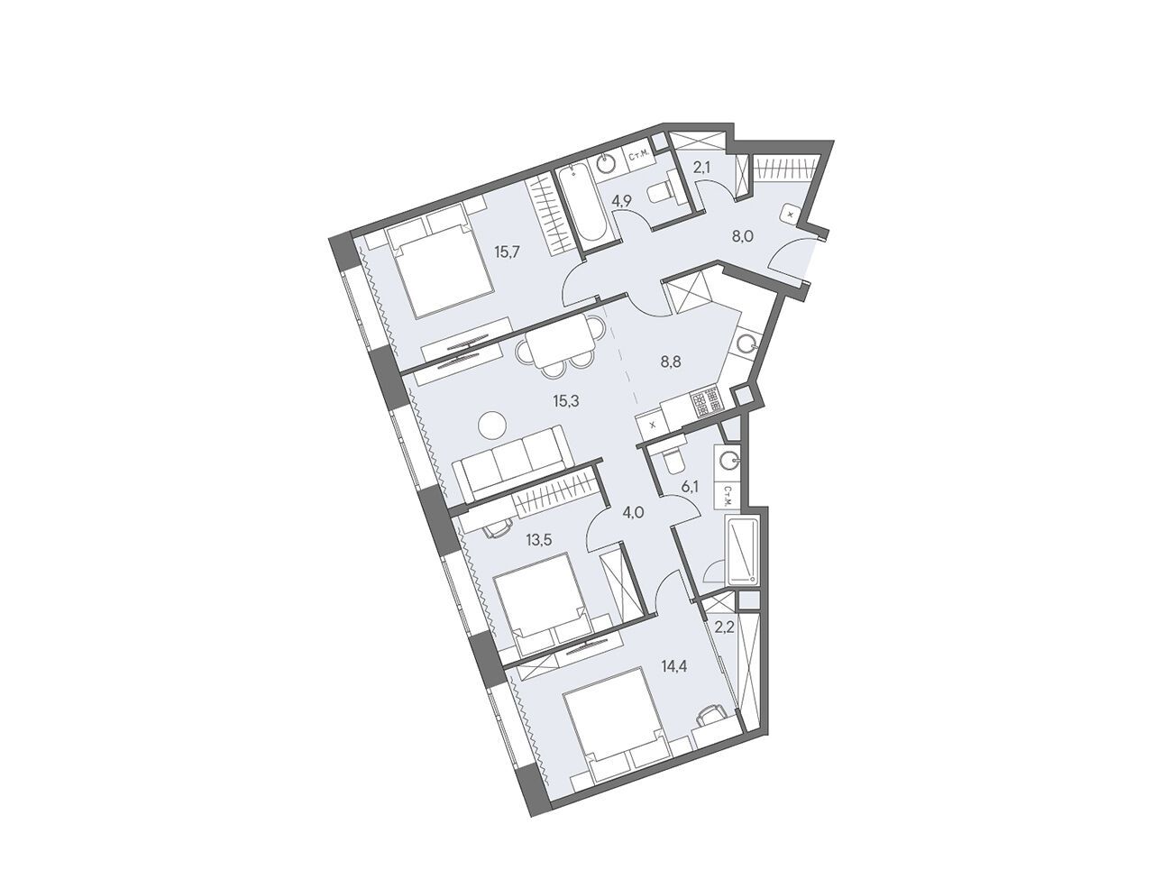 Планировка: 4-комн. квартира 95.00 м² в новостройке Родина Переделкино