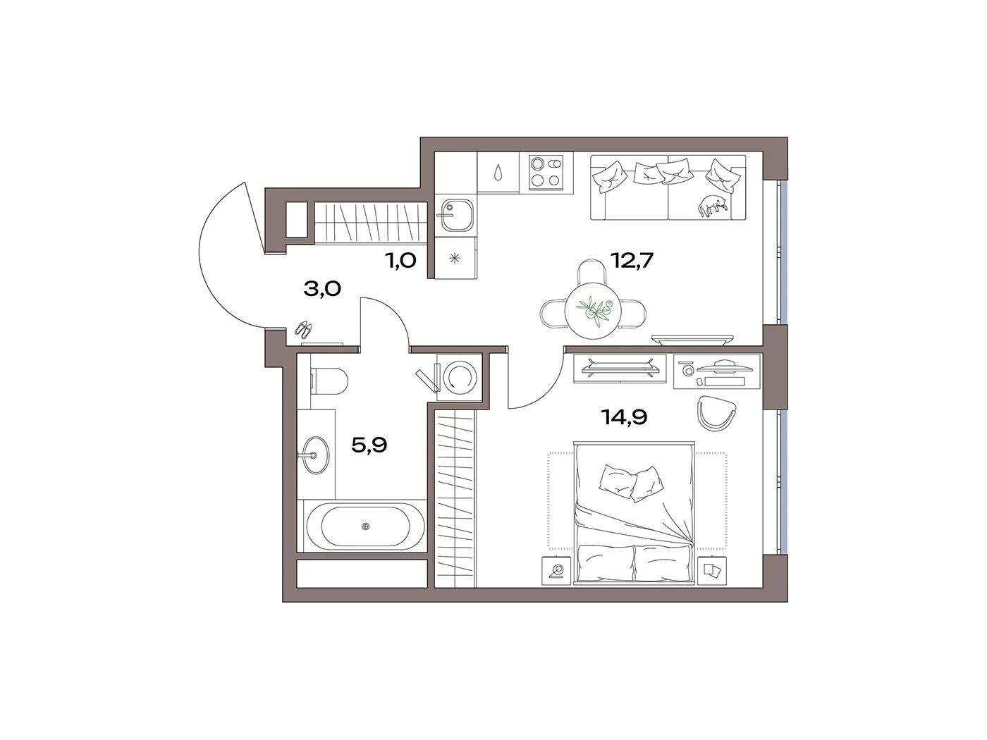 Планировка: 1-комн. квартира 37.50 м² в новостройке Акценты