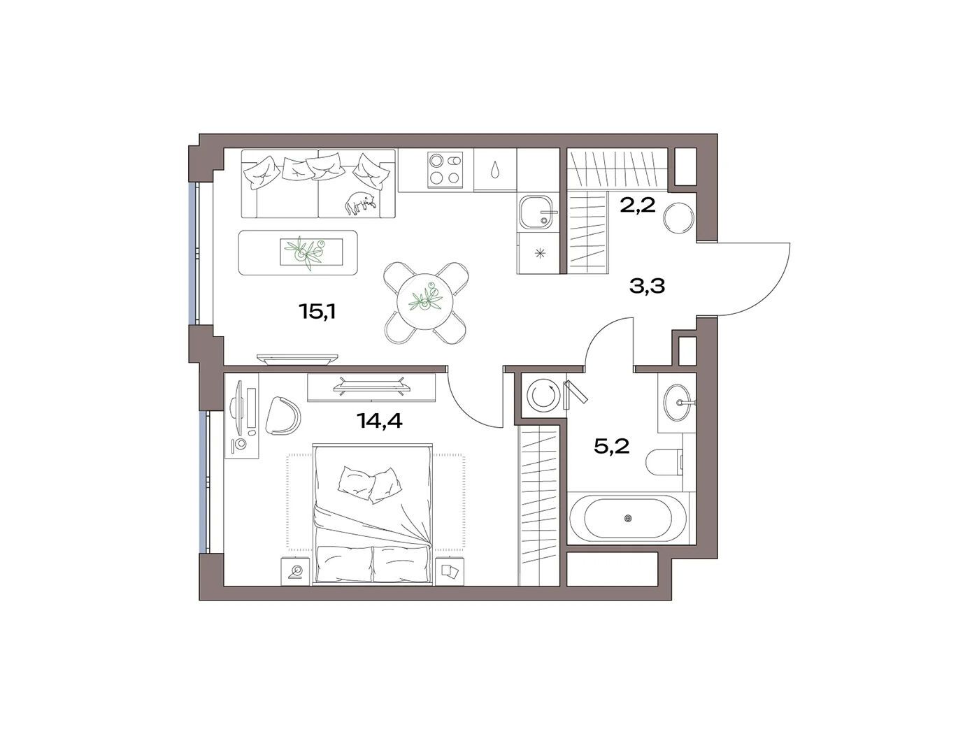 Планировка: 1-комн. квартира 40.20 м² в новостройке Акценты