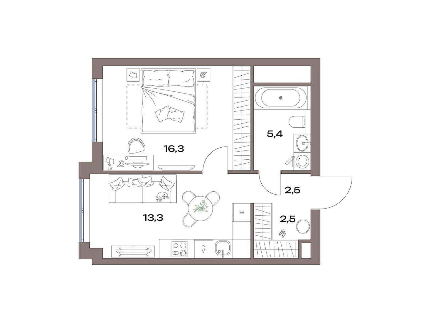 Планировка: 1-комн. квартира 40.00 м² в новостройке Акценты