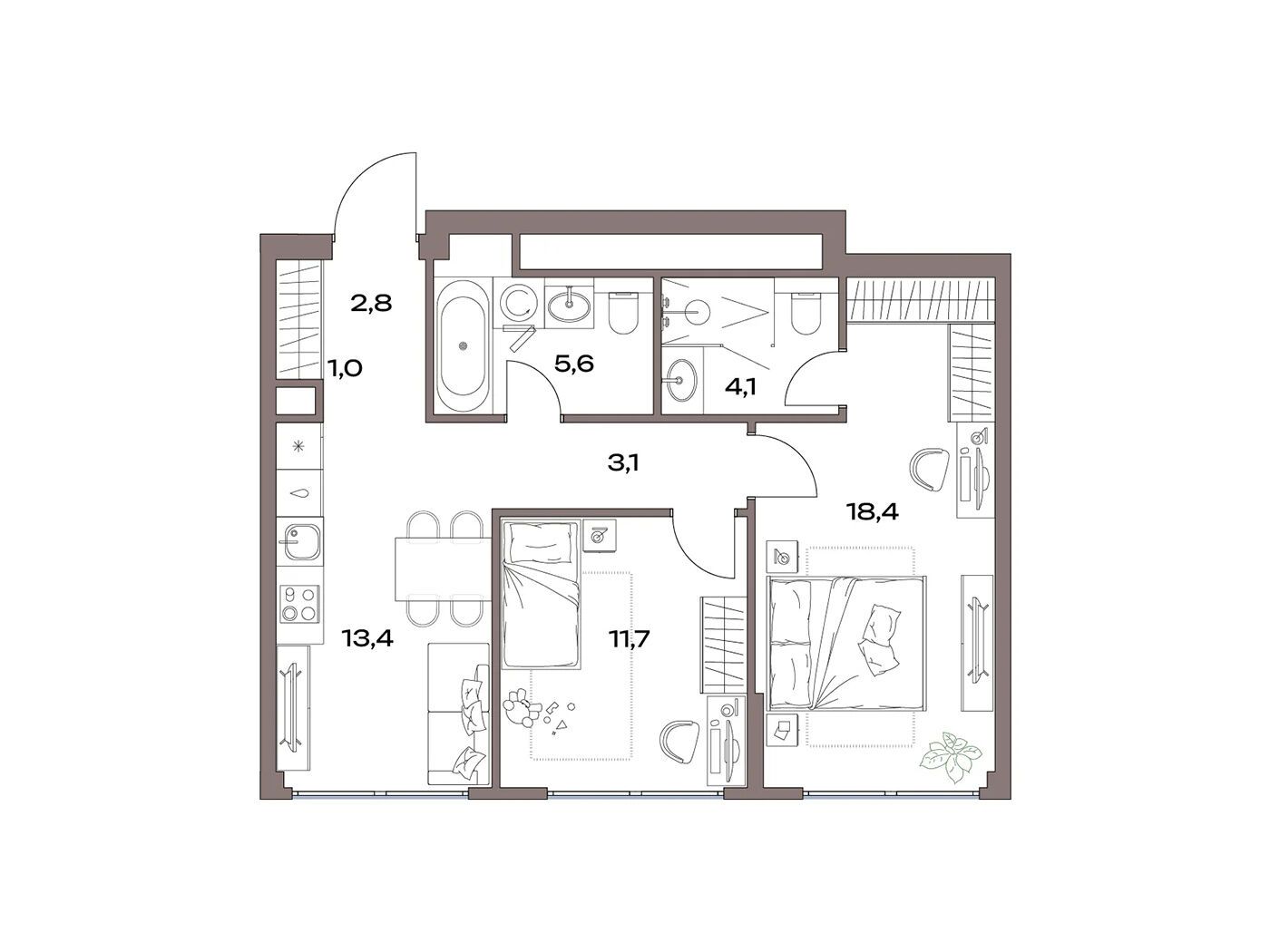 Планировка: 2-комн. квартира 60.10 м² в новостройке Акценты