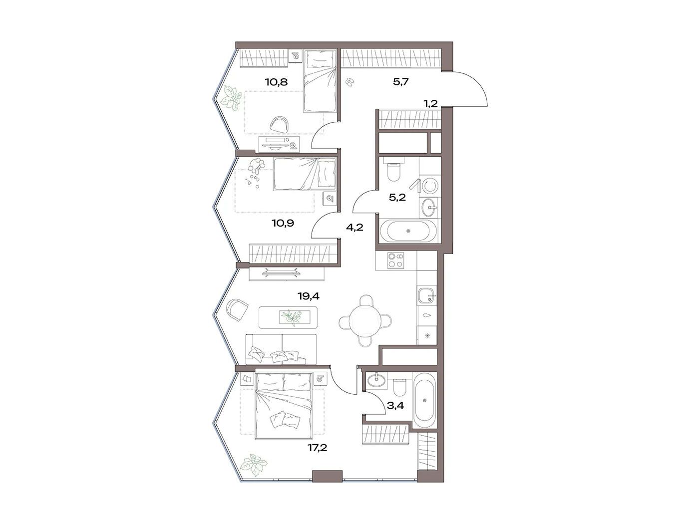 Планировка: 3-комн. квартира 78.00 м² в новостройке Акценты