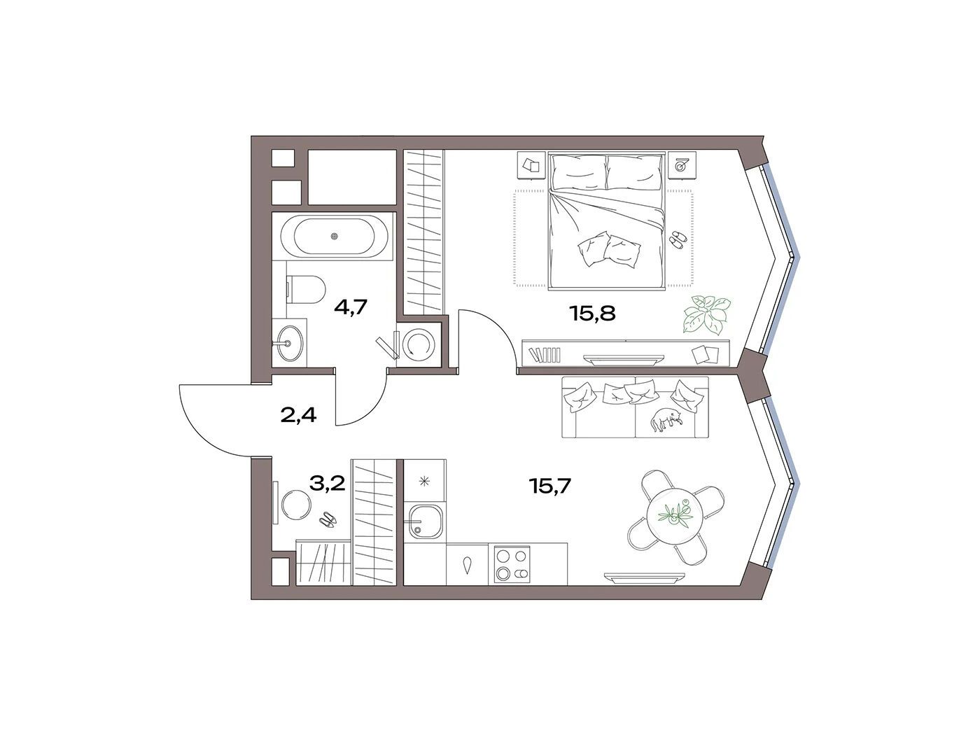Планировка: 1-комн. квартира 41.80 м² в новостройке Акценты