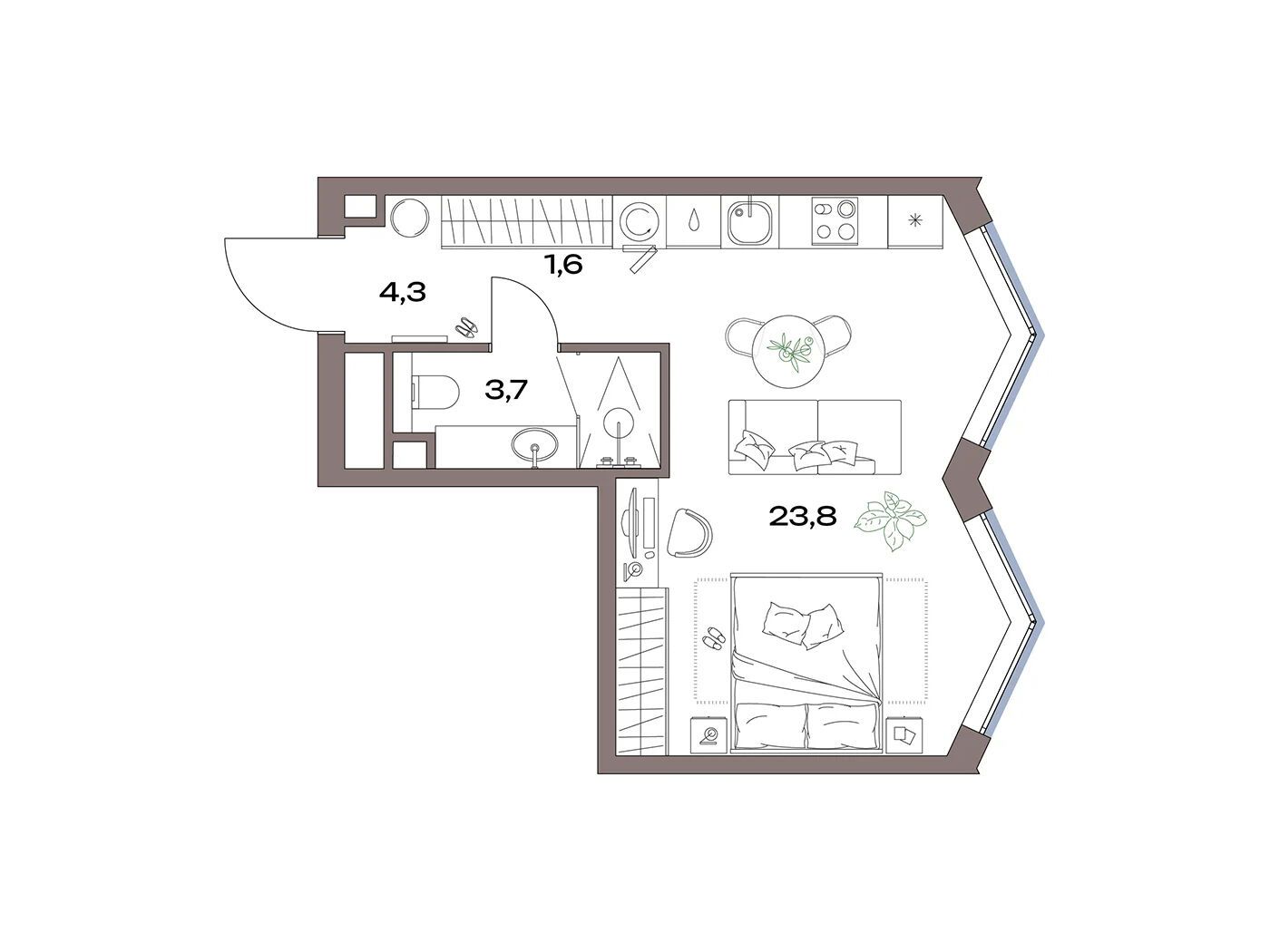 Планировка: Студия 33.40 м² в новостройке Акценты