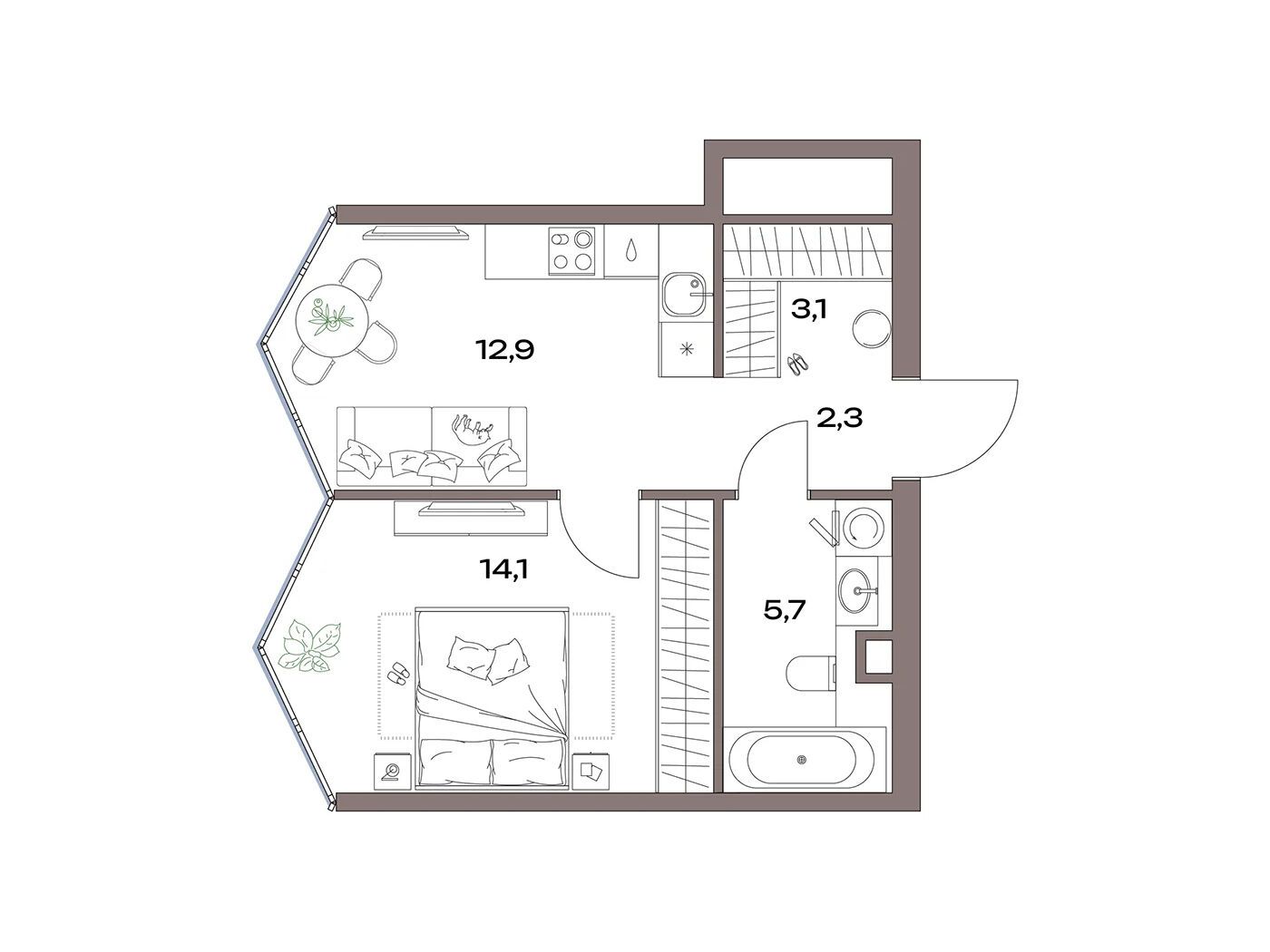 Планировка: 1-комн. квартира 38.10 м² в новостройке Акценты