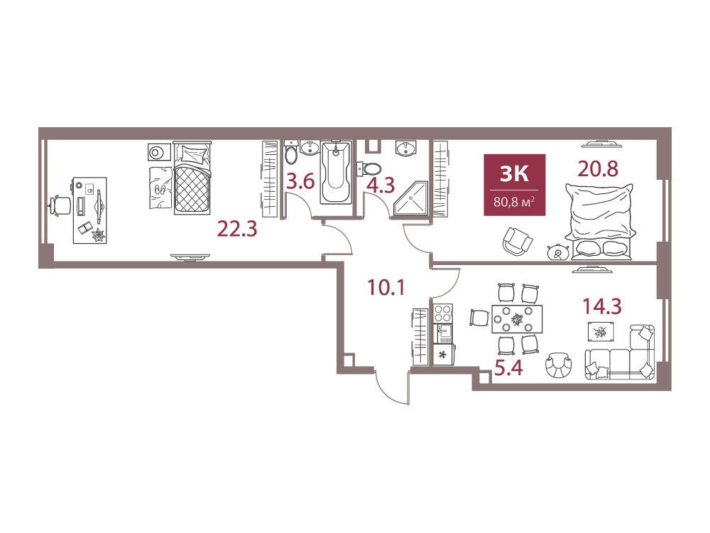 Планировка: 3-комн. квартира 80.80 м² в новостройке ЖК Легаси