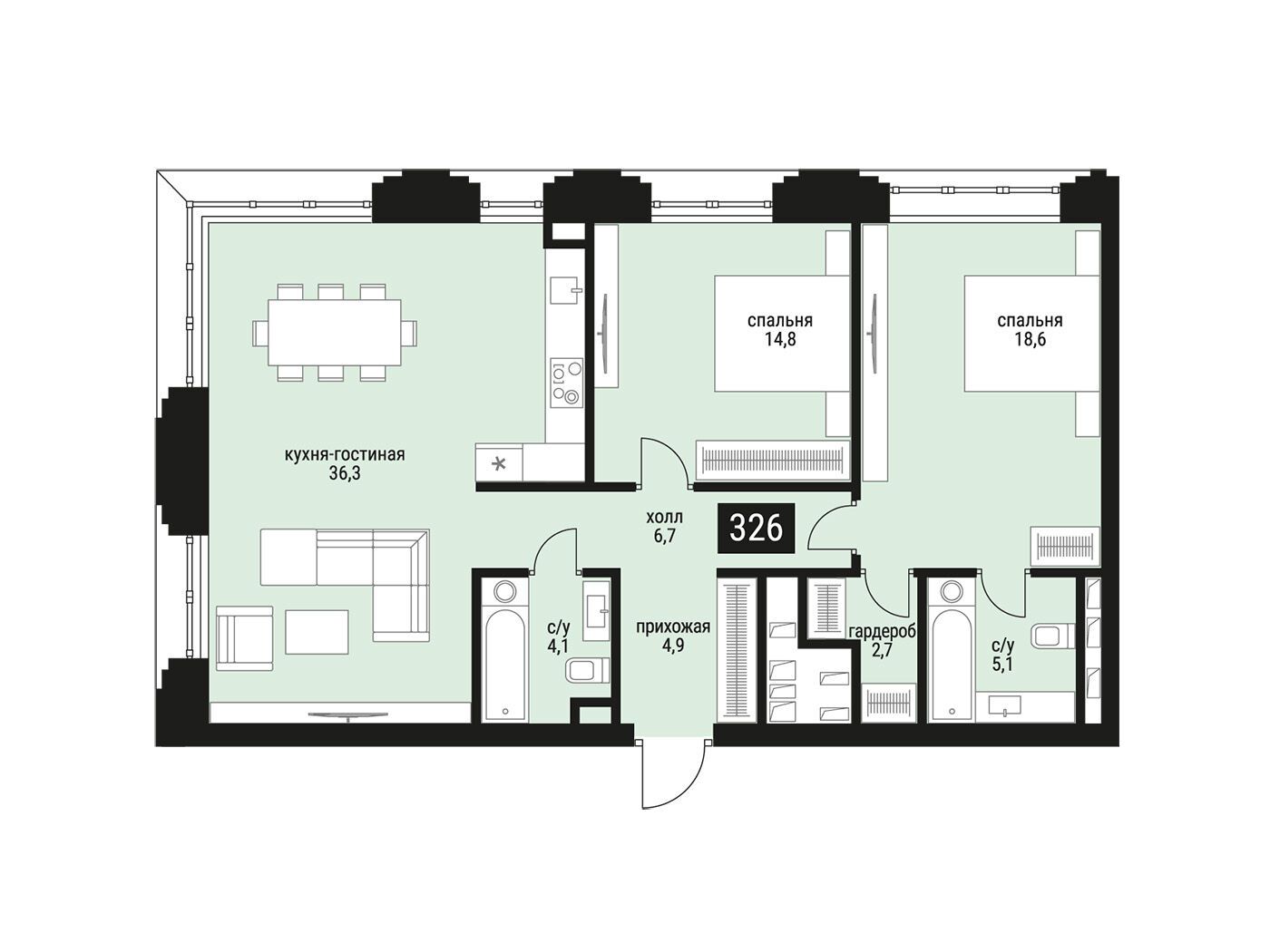 Планировка: 2-комн. квартира 93.20 м² в новостройке ЖК Шелепиха