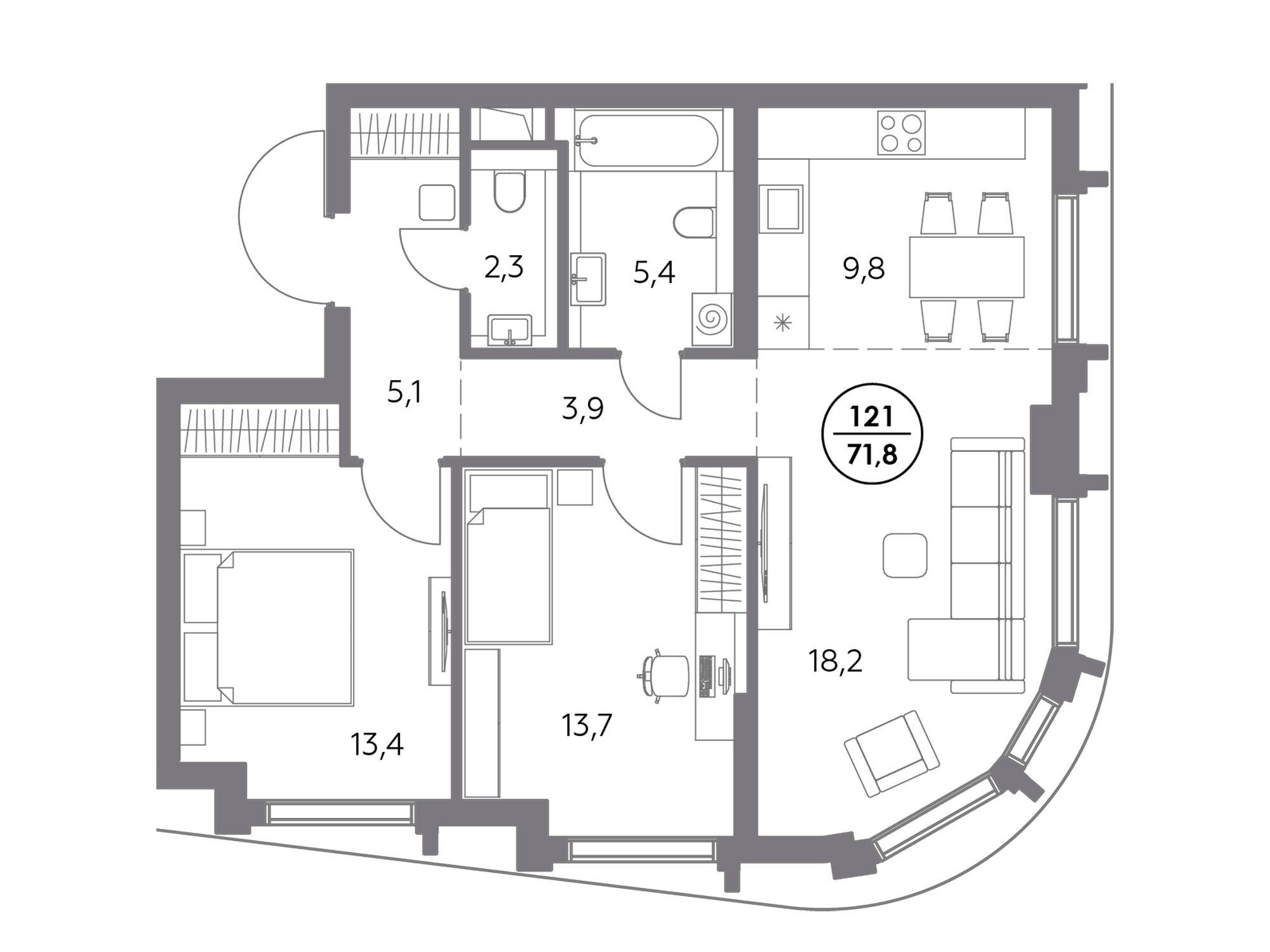 Планировка: 2-комн. квартира 71.80 м² в новостройке Дом 56