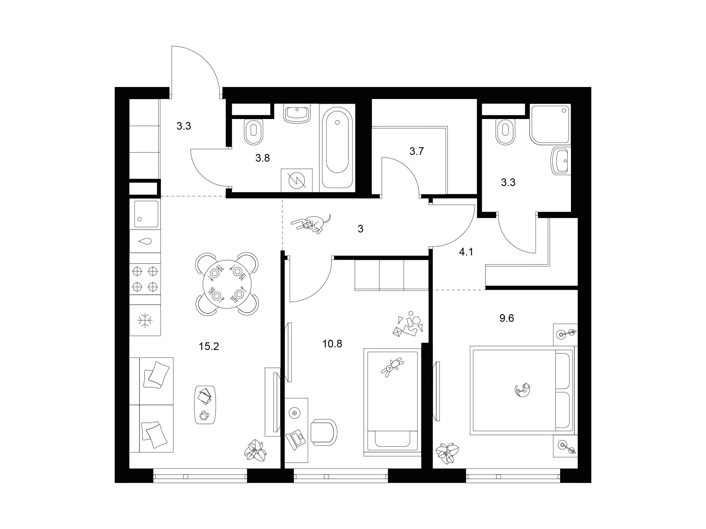 Планировка: 2-комн. квартира 56.80 м² в новостройке Амурский парк
