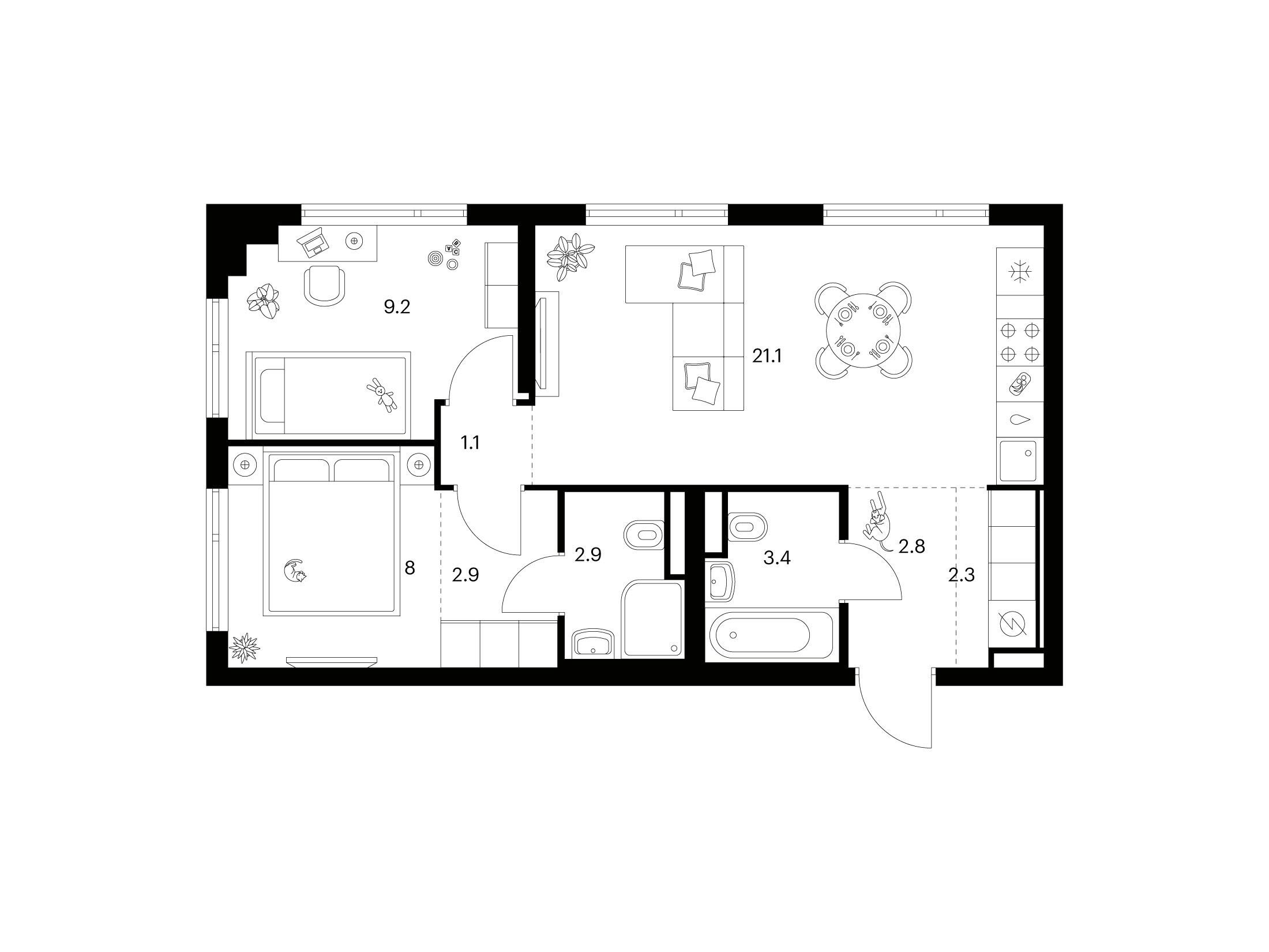 Планировка: 2-комн. квартира 53.70 м² в новостройке Амурский парк