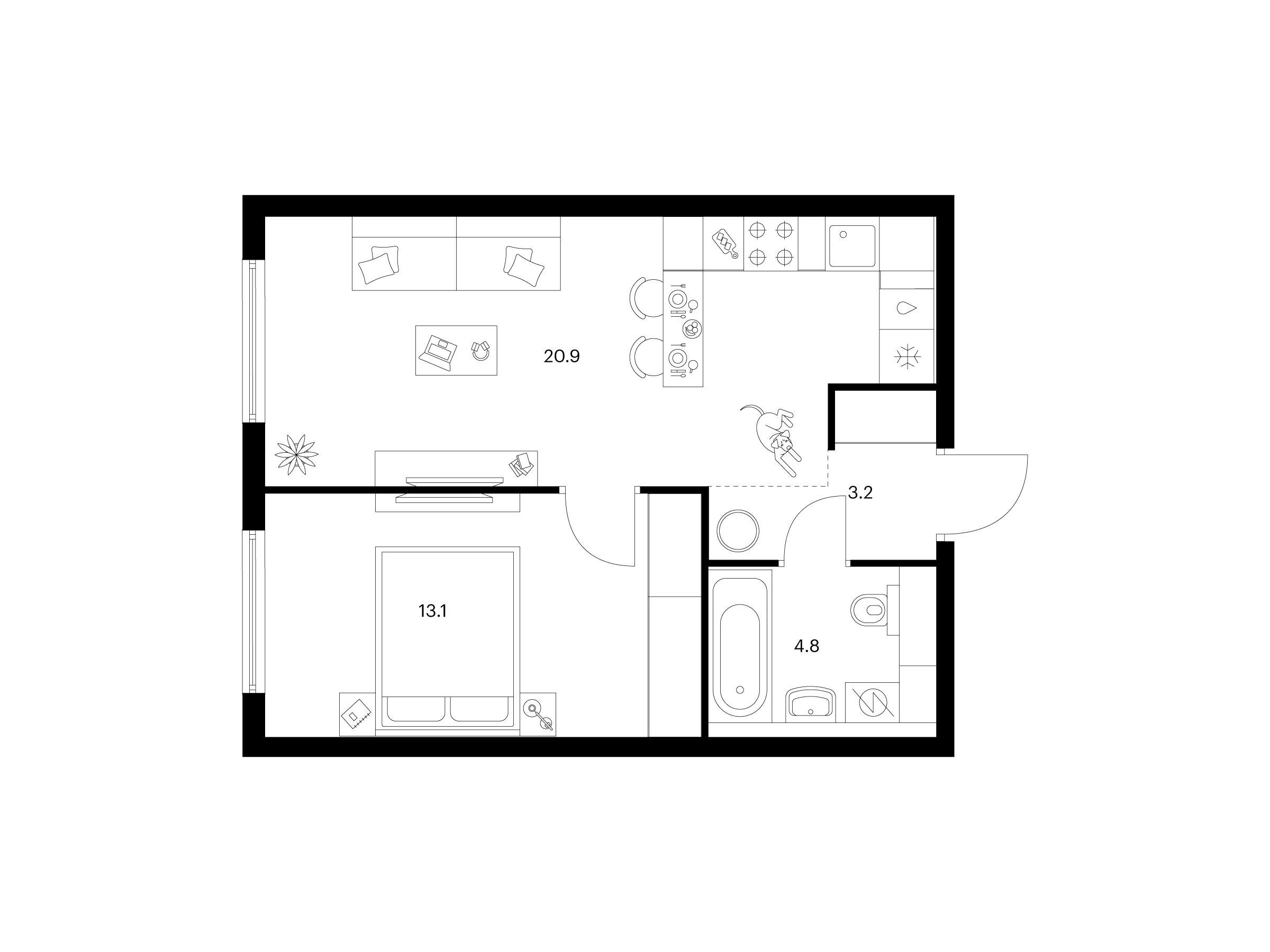 Планировка: 1-комн. квартира 42.00 м² в новостройке Кронштадтский 9