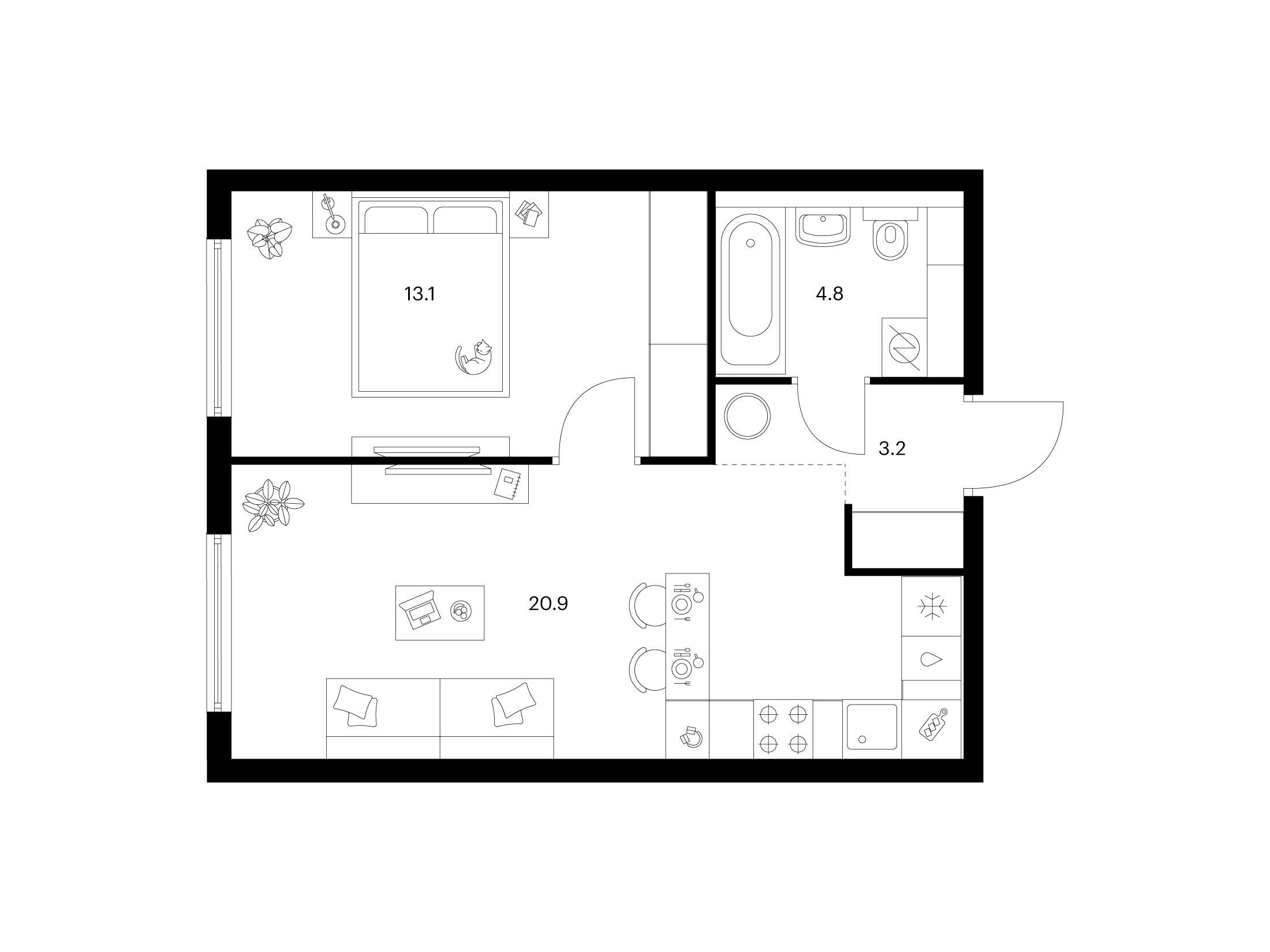 Планировка: 1-комн. квартира 42.00 м² в новостройке Кронштадтский 9