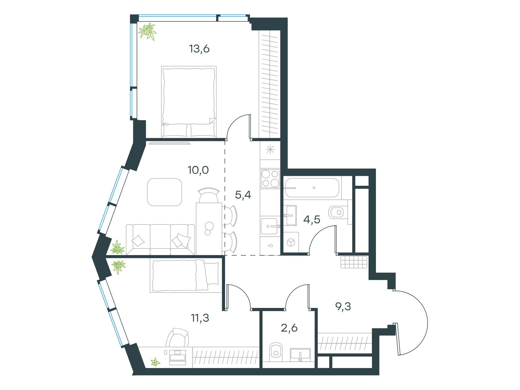 Планировка: 3-комн. квартира 56.70 м² в новостройке ЖК Левел Мичуринский