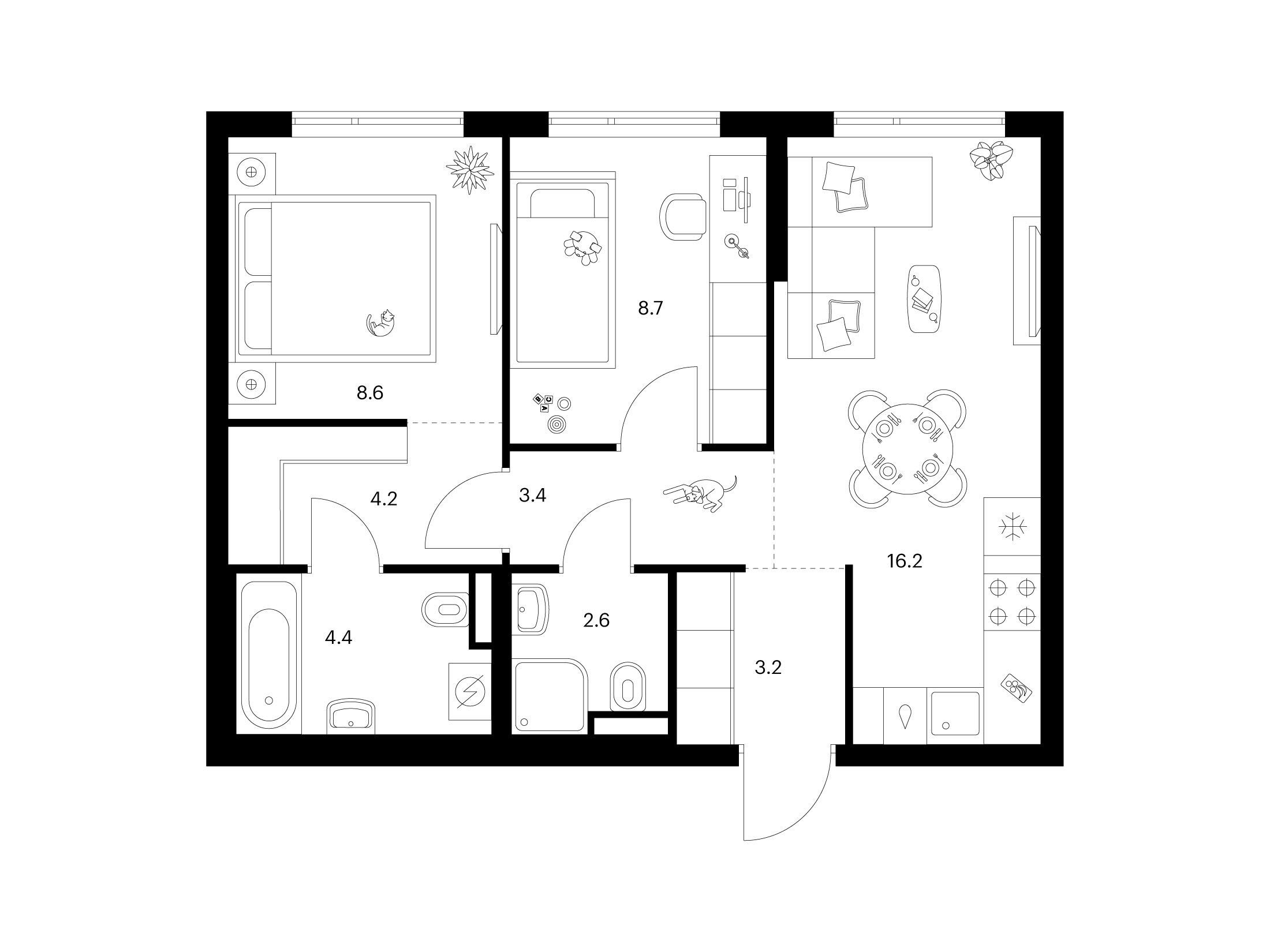 Планировка: 2-комн. квартира 51.30 м² в новостройке Зелёный парк