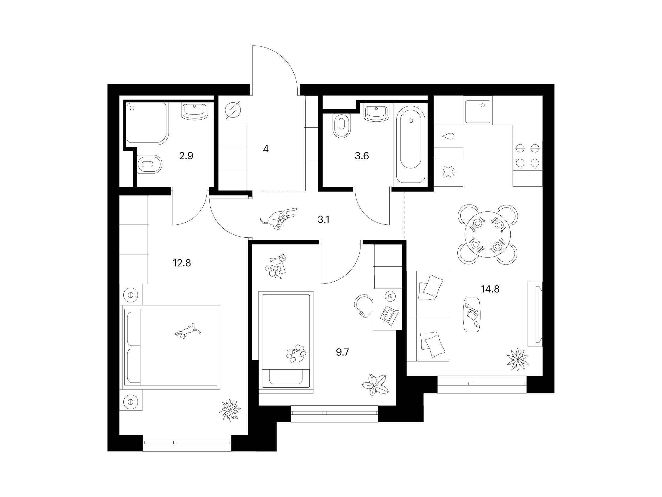 Планировка: 2-комн. квартира 50.90 м² в новостройке Зелёный парк