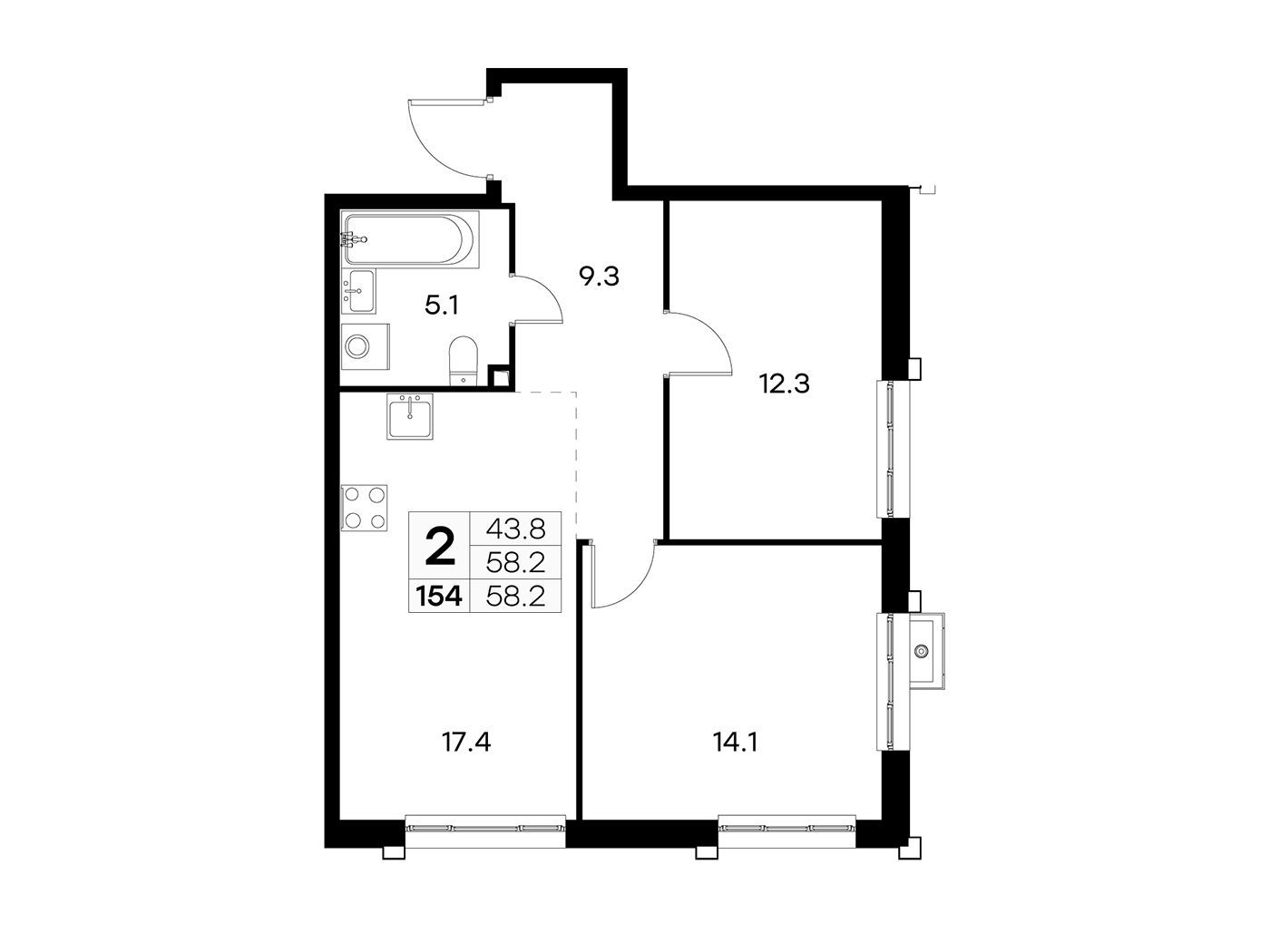 Планировка: 2-комн. квартира 58.20 м² в новостройке Куркино