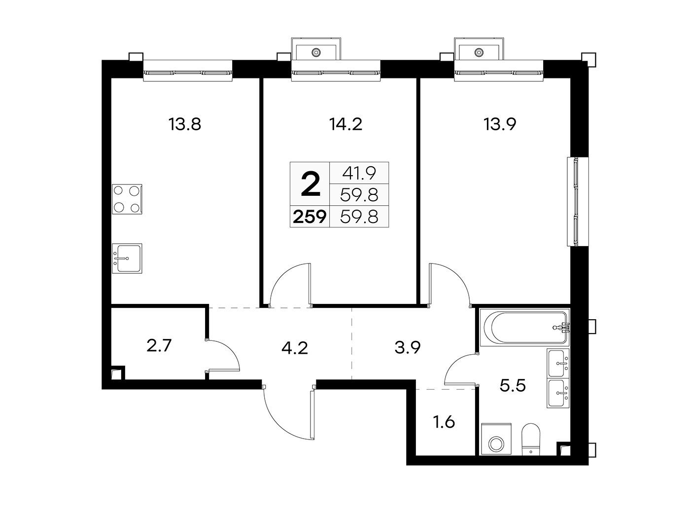 Планировка: 2-комн. квартира 59.80 м² в новостройке Куркино