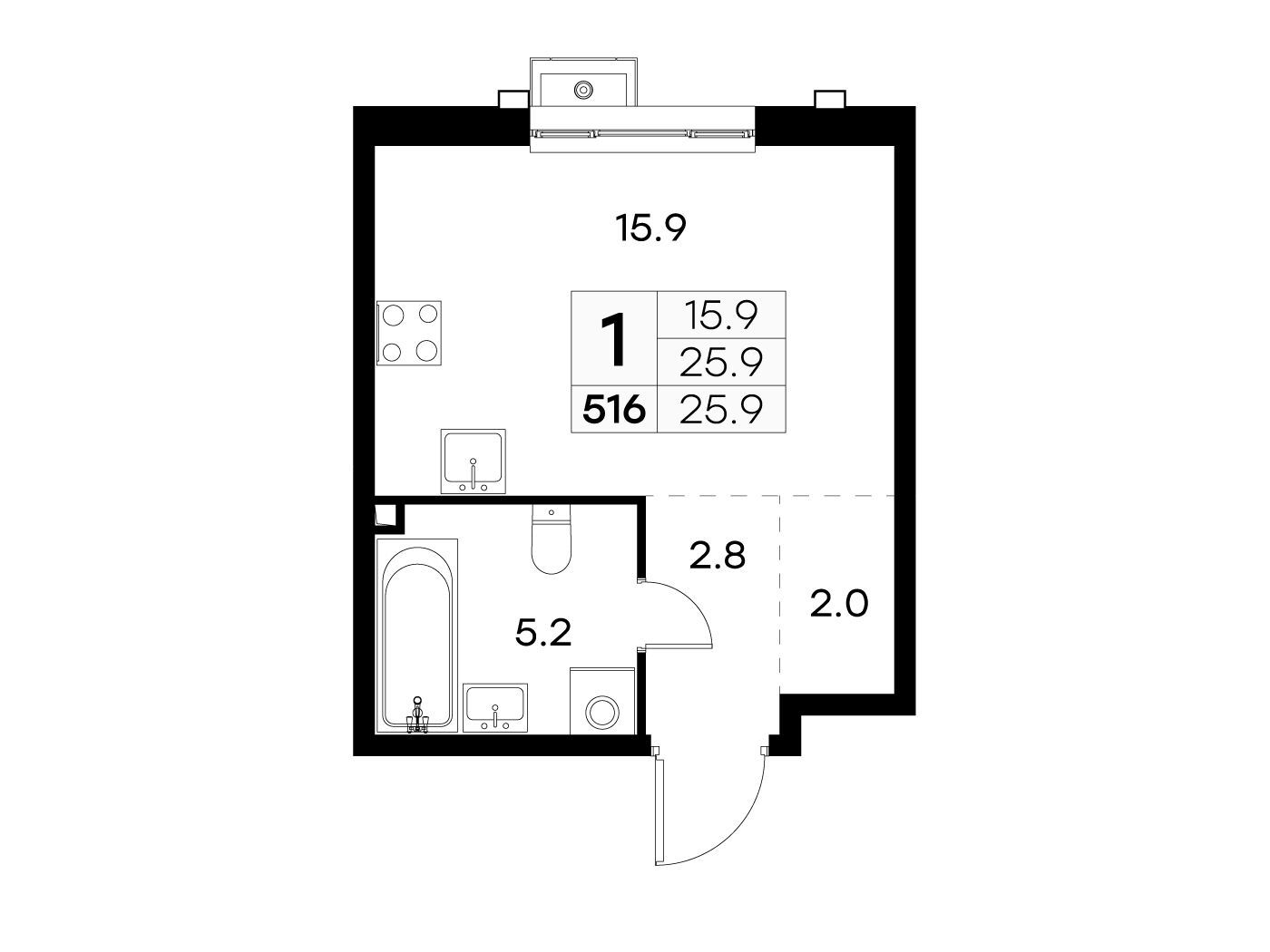 Планировка: Студия 25.90 м² в новостройке Куркино