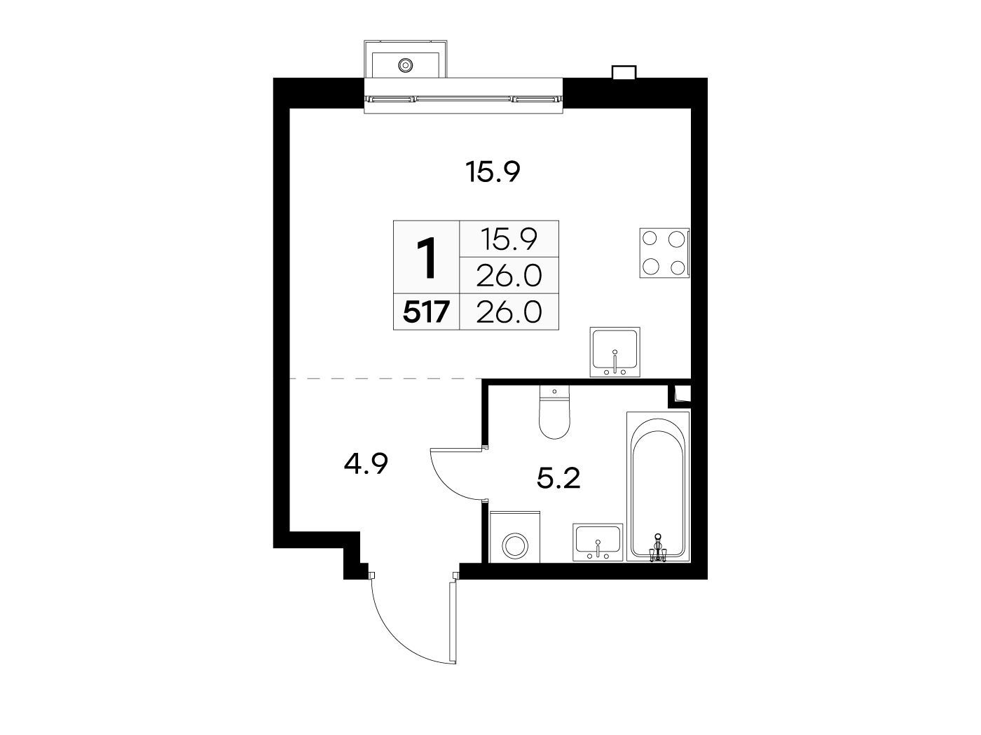 Планировка: Студия 26.00 м² в новостройке Куркино