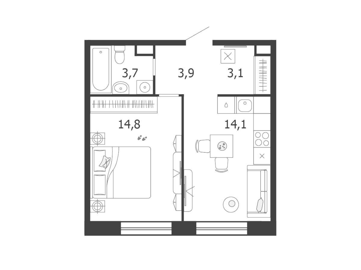 Планировка: 1-комн. квартира 39.60 м² в новостройке Шагал